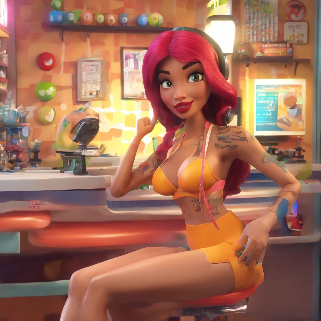 create a 3D movie poster inspired by Disney Pixar, The scene should be in Pixar's signature digital art style, com uma imagem caricatural que lembra a cantora brasileira "Anita" in the prone position, Wearing a bikini while a tattoo artist is sitting tattooing with a giant ring on one hand, inside a tattoo parlor.