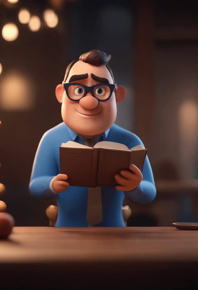 Cartoon character of a man wearing black glasses and a blue shirt, um personagem animado, Caractere estilizado, animation style rendering, 3D estilizado, Arnold Maya render, 3 d render stylized, toon render keyshot, Personagem 3D, Personagem 3D, 3d rendering stylized, 3 d character render, personagem de desenho animado, Personagem de close up, Pose de personagem, (Estilo Pixar) (master part:1.2) (Bokeh) (best quality) (pele detalhada) (textura detalhada) (8k) (argila) (Cinematic lighting) (foco nítido,Senta e vaza a parte superior do corpo