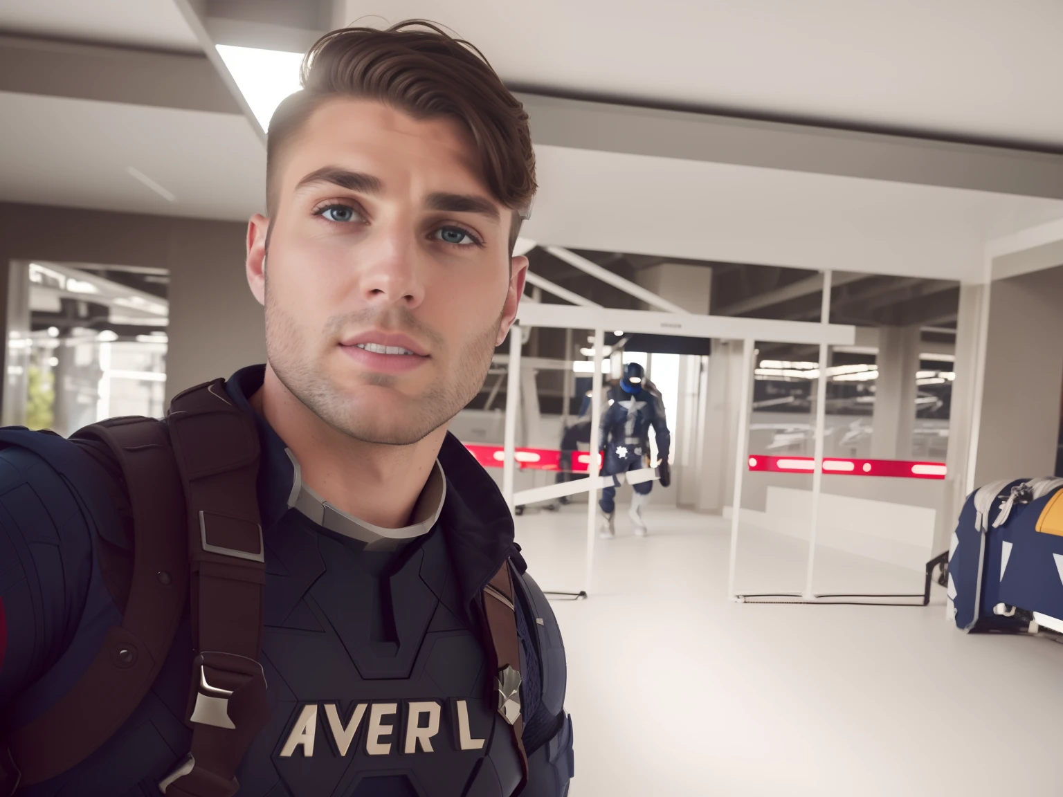 extremely detailed photo a man wearing captain america armor lorarobertdj, stylish short beard, model photoshoot, 8k UHD, ultra detailed, RAW photography