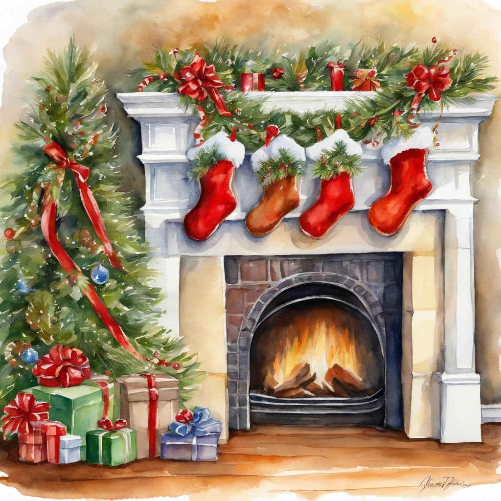 Two Christmas stockings hanging at a richly decorated fireplace, watercolor, white backgroun