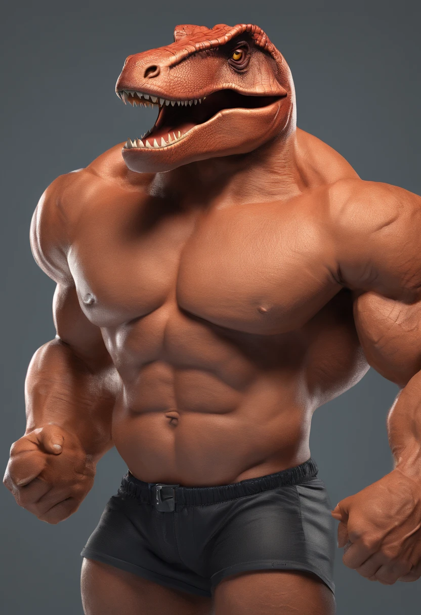 A tyrannosaurus bodybuilder wearing black swim trunks in the style of characters from the PIXAR studio.