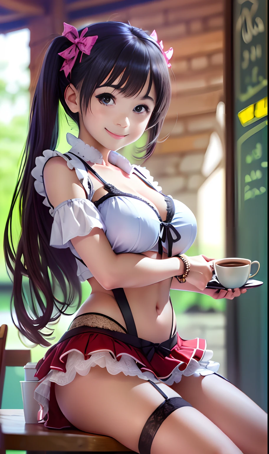 (8K, Raw photo, Best Quality, masutepiece:1.2), (Realistic, Photorealsitic:1.37), natural, 超A high resolution, Super Detail, ultra-detailliert, Detailed skin, Sharp Focus, Bokeh, Glossy texture, depth of fields, Shiny hair, Glossy Skin Break 1 Girls, Japanese, Solo, Children, (14 yo:1.6), 年轻, Young girls, Baby face, Smooth skin, without makeup, short twintails, Black hair, Black eyes, Glowing eyes Break,From the knee up:1.4、Standing、 The upper part of the body, (Cute smile:1.5), Huge breasts, Soublet, a girl holding a tray , Wearing a Soublet costume, frilld, fish net, bow ribbon, open top, (A very short skirt in red color showing off her panties:1.2), (coffee shop:1.4) Break Break(A girl who loves to show off her gal's fancy little panties)、 (A very and little 10-y