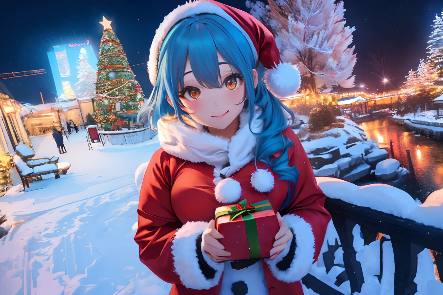 In a snowy city in winter,Voluminous and fluffy Santa costume,Christmas tree,Beautiful and fantastic night view,lightblue hair,Orange Eyes,There are many gifts and ornaments around,