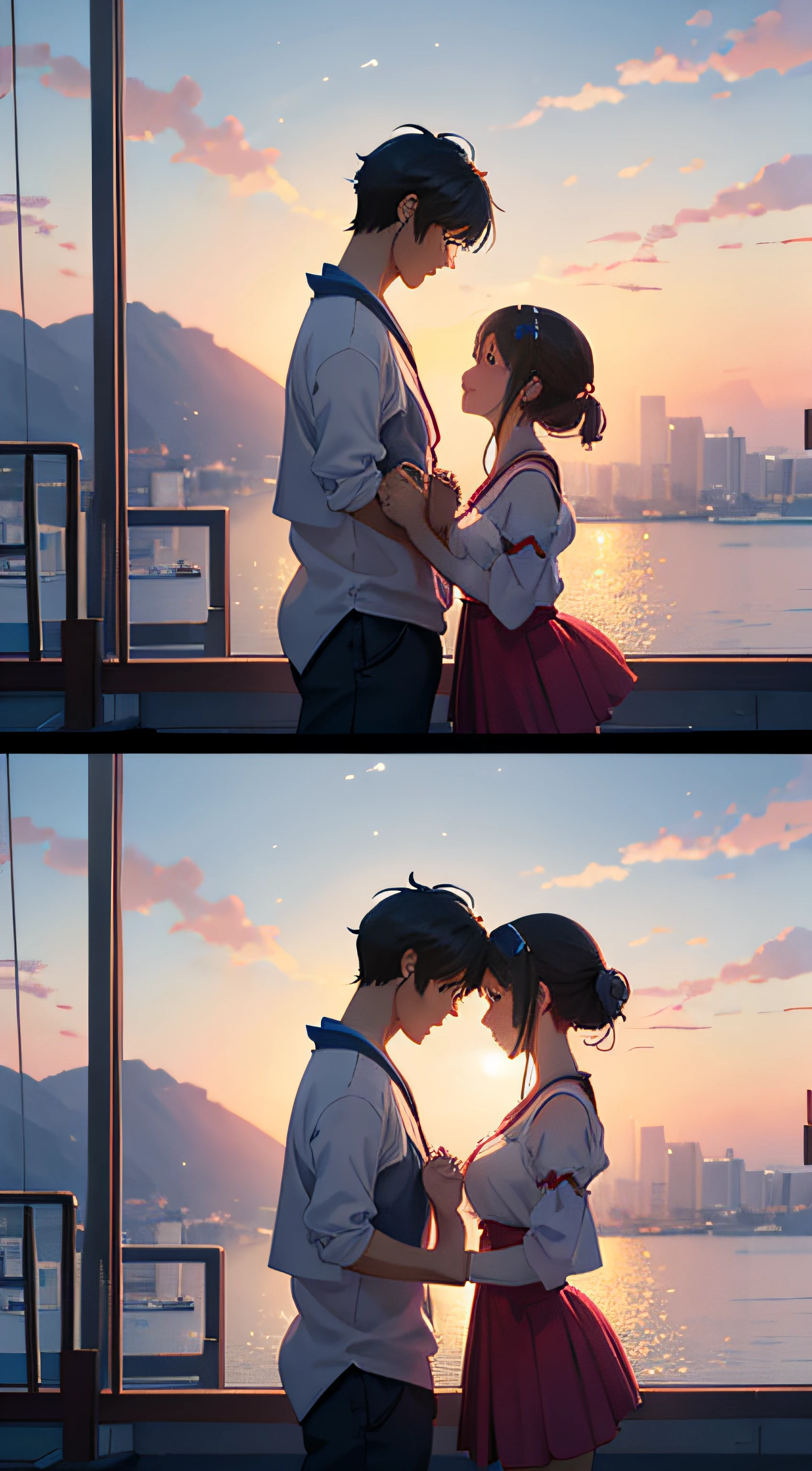 An anime-style illustration of a Korean couple, inspired by K-drama art, tenderly holding hands with a backdrop of a picturesque sunset. Pastel color palette, loving expressions, warm lighting, and a romantic atmosphere
