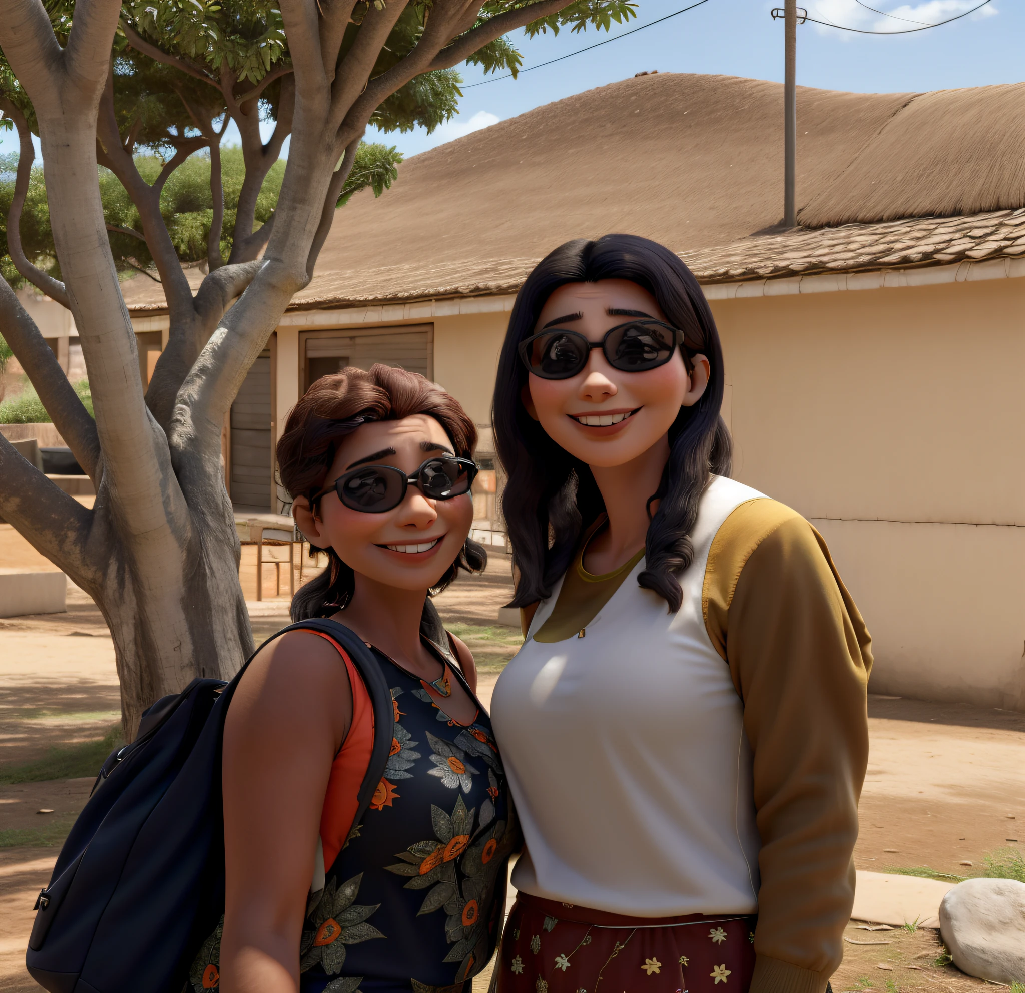 Duas mulheres sorrindo (mother and daughter), fundo uma arvore e uma parede na cor laranja.