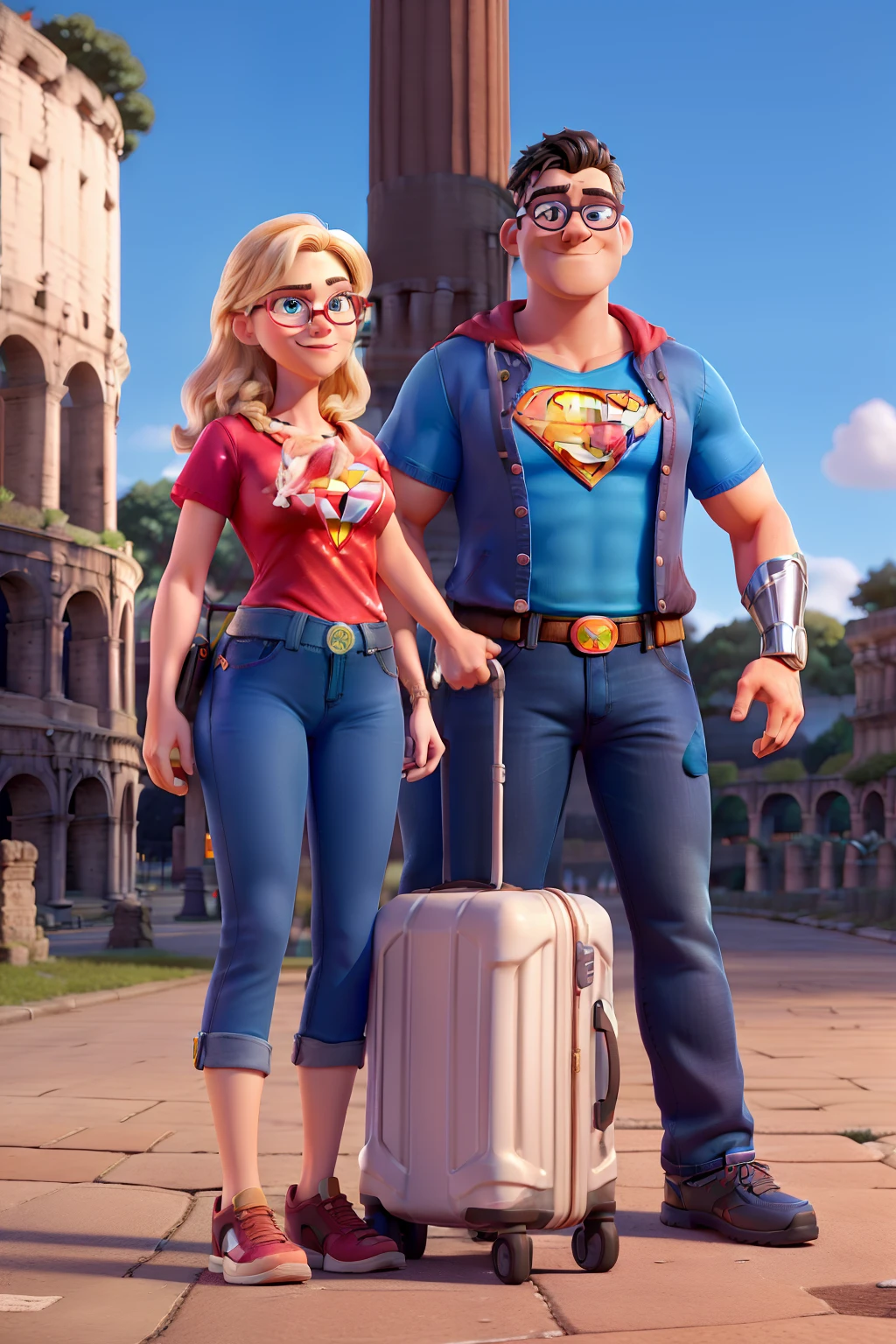 A pretty sexy blonde girl with big man, (girl wearing wonder women shirt with blue jeans pants) cheers pose in 
Coloseum rome street ,( big man witj glasses wearing blue superman shirt and thight pants jeans while using casual black shoes bringing large suitcase), high detailed, 3d disney pixar animation, high resolutions ,8k uhd,couple pose
