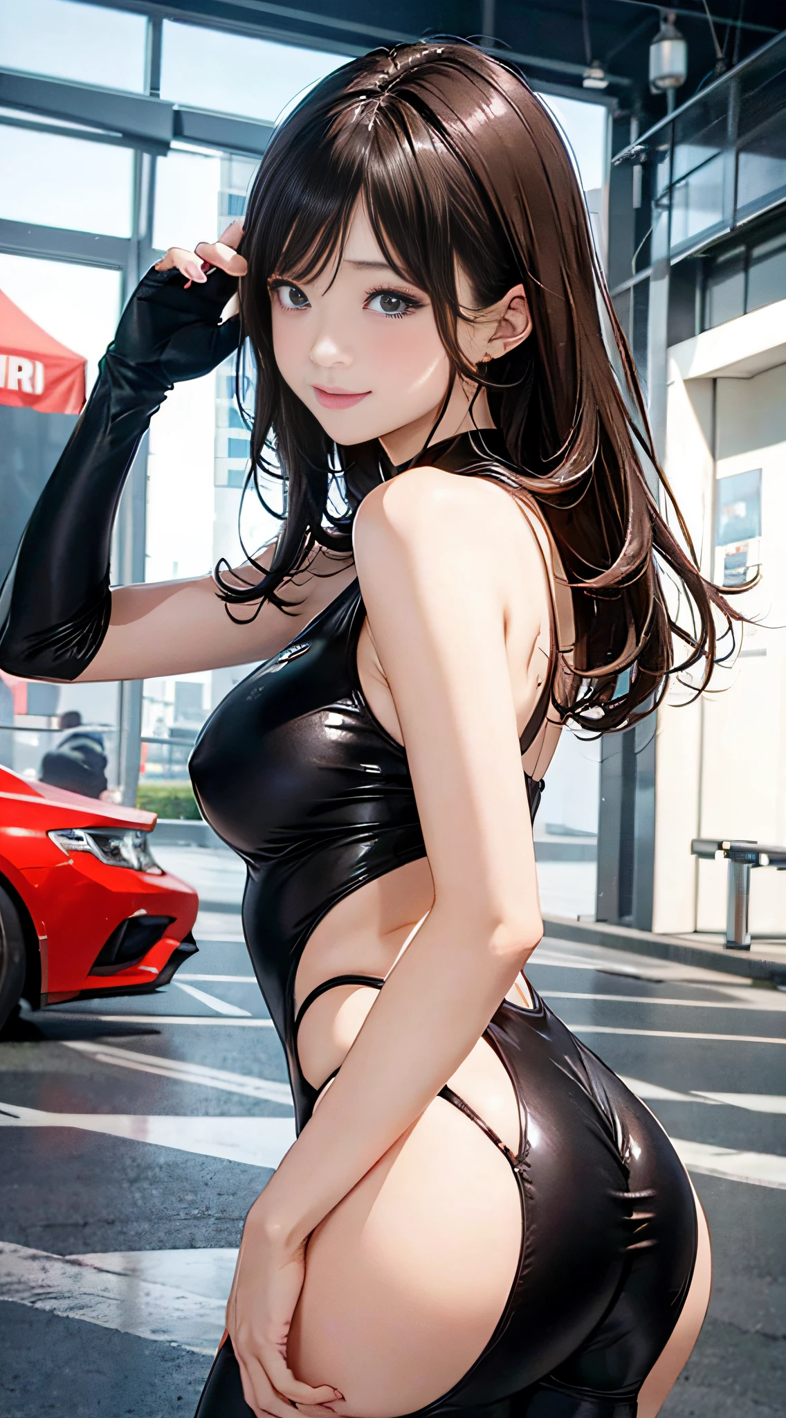 {8K Photo Quality:1.2}、{Ultra-high resolution photo quality:1.2}、{Super Real 1.2}、{Perfect limbs}、masutepiece、1womanl、Solo、Black catsuit、Being at a race car show、Shyness、Dynamic sexy poses、Smile and wave、Long Wave Hair、dark brown hair、Medium Large Boobs