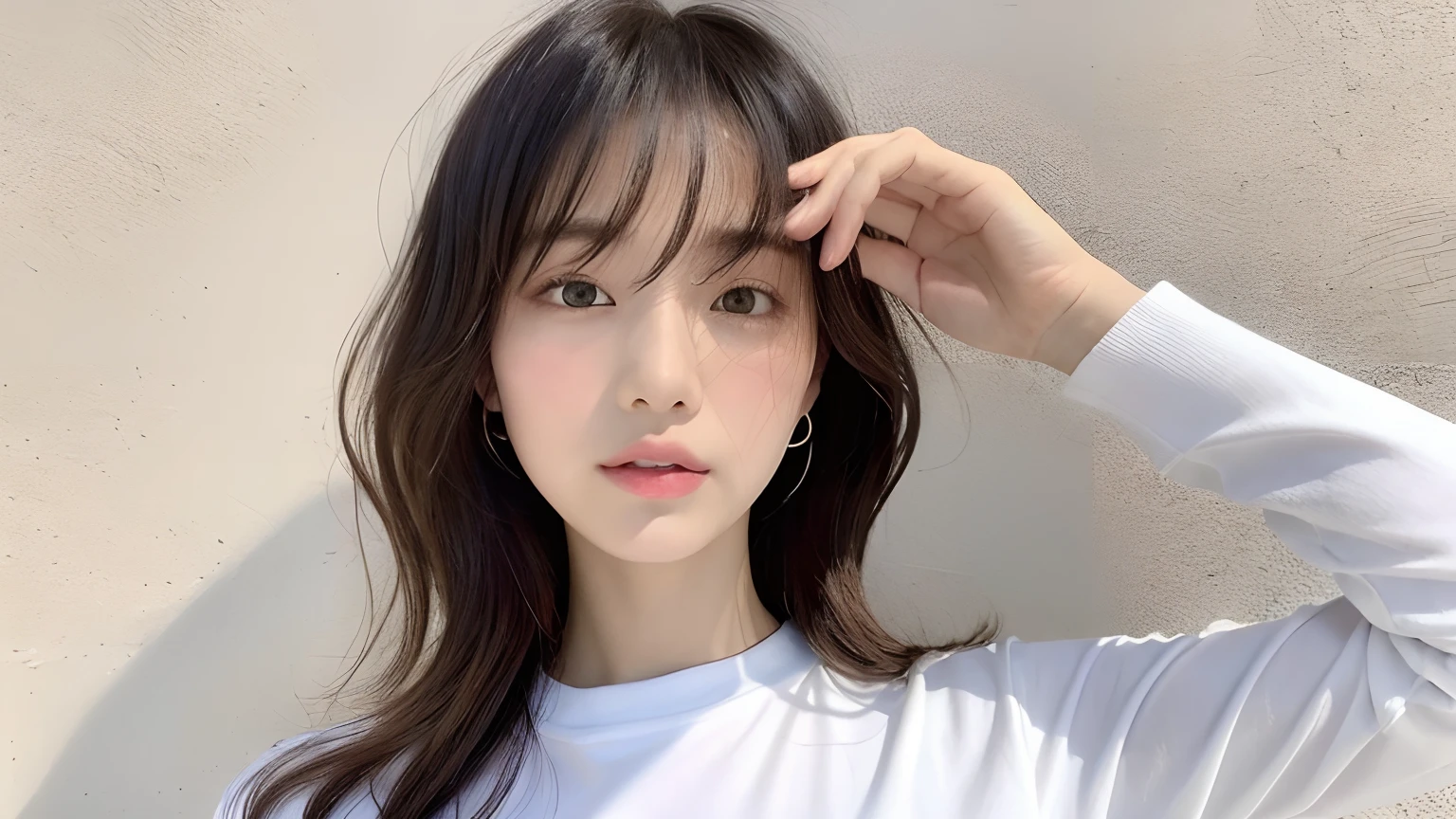 (top-quality、16k resolution)女の子1人、独奏、natural soft light、small tits、A Japanese Lady、Looking at the camera、Long sleeve white T-shirt、Concrete background、Facing the front、is standing、bobhair、Woman in her late teens、Light bangs、short-hair、Salon model、Natural look、portlate、floated hair、Rolled hair