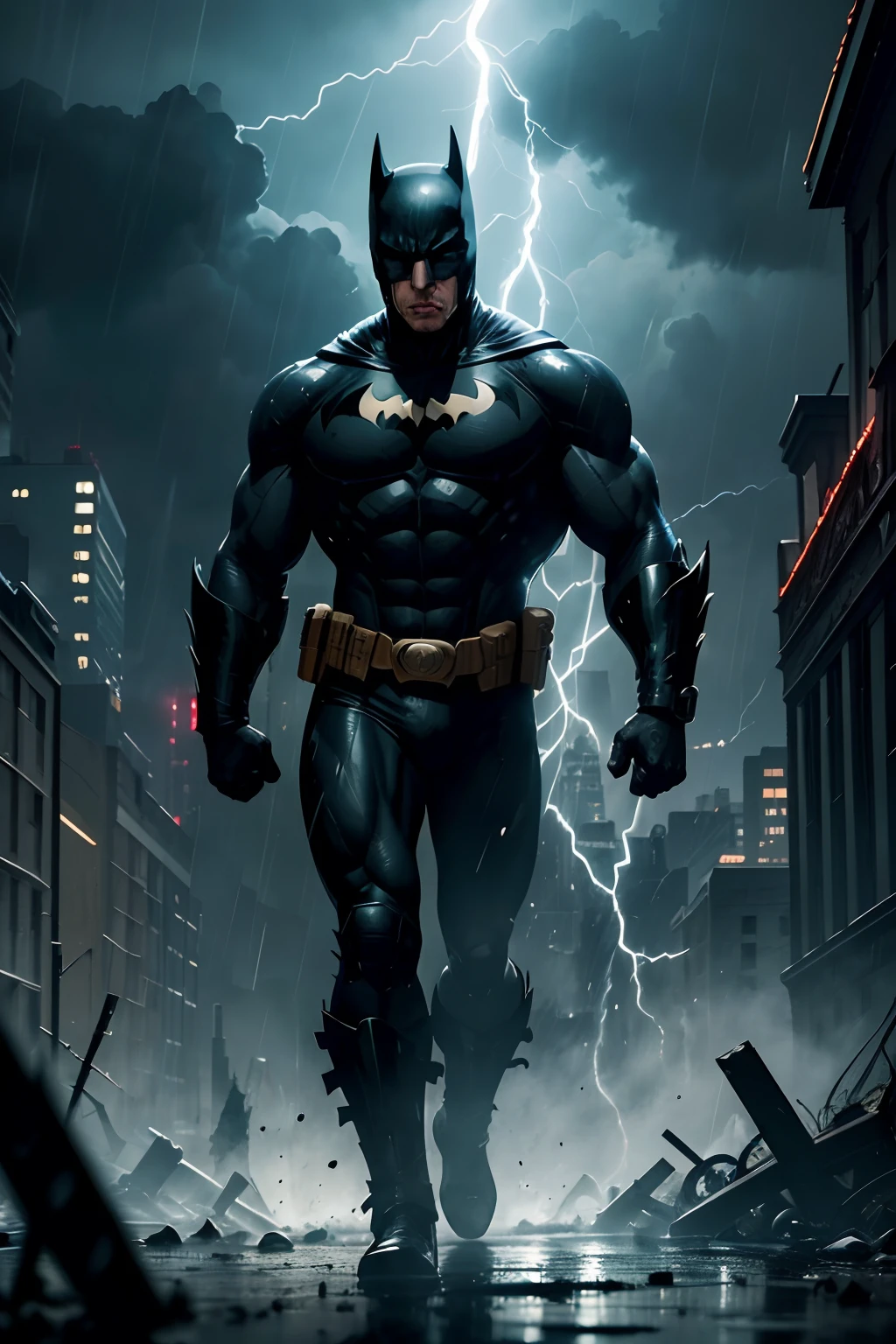 Nas ruas sombrias de Gotham, Torrential rain falls relentlessly as white and blue lightning tears across the night sky. O Batman, ferido e exausto, Face off against a horde of bloodthirsty criminals. Your body is a target for deep cuts, Bathing the night in a red hue of violence. The fight is fierce, but the Dark Knight doesn't back down. Correndo perigo de vida, ele se ergue contra as adversidades, determined to deliver justice amidst the storm of Gotham's darkness. In the midst of all this, include many explosions, sangue nas ruas e paredes, a meteor falling from the open sky to the ground in Gotham.