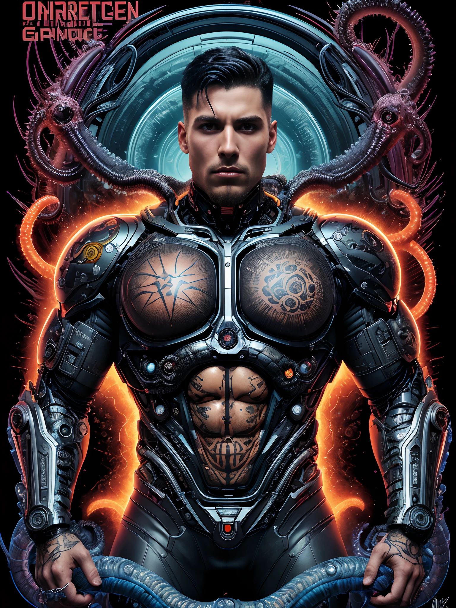 (male) Super cyborg, european male, magazine cover, poster art , Lovecraftian horror tattoos, bold huge text, matted design layout, strong, bold inking techniques, chromatic