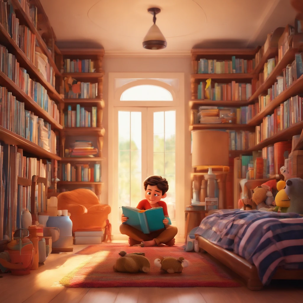 fundo branco, pixar desenhos animados 3D, homem lendo um livro, ::estilo pixar cartoon
