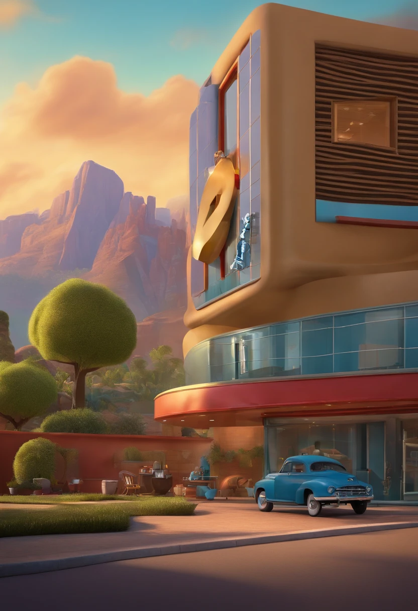 um homem, em breve, barba curta, olhos castanhos, com fones de ouvido, A music studio in the background, Imagem no estilo Pixar, Estilo de filme animado 3D, Disney, camiseta preta