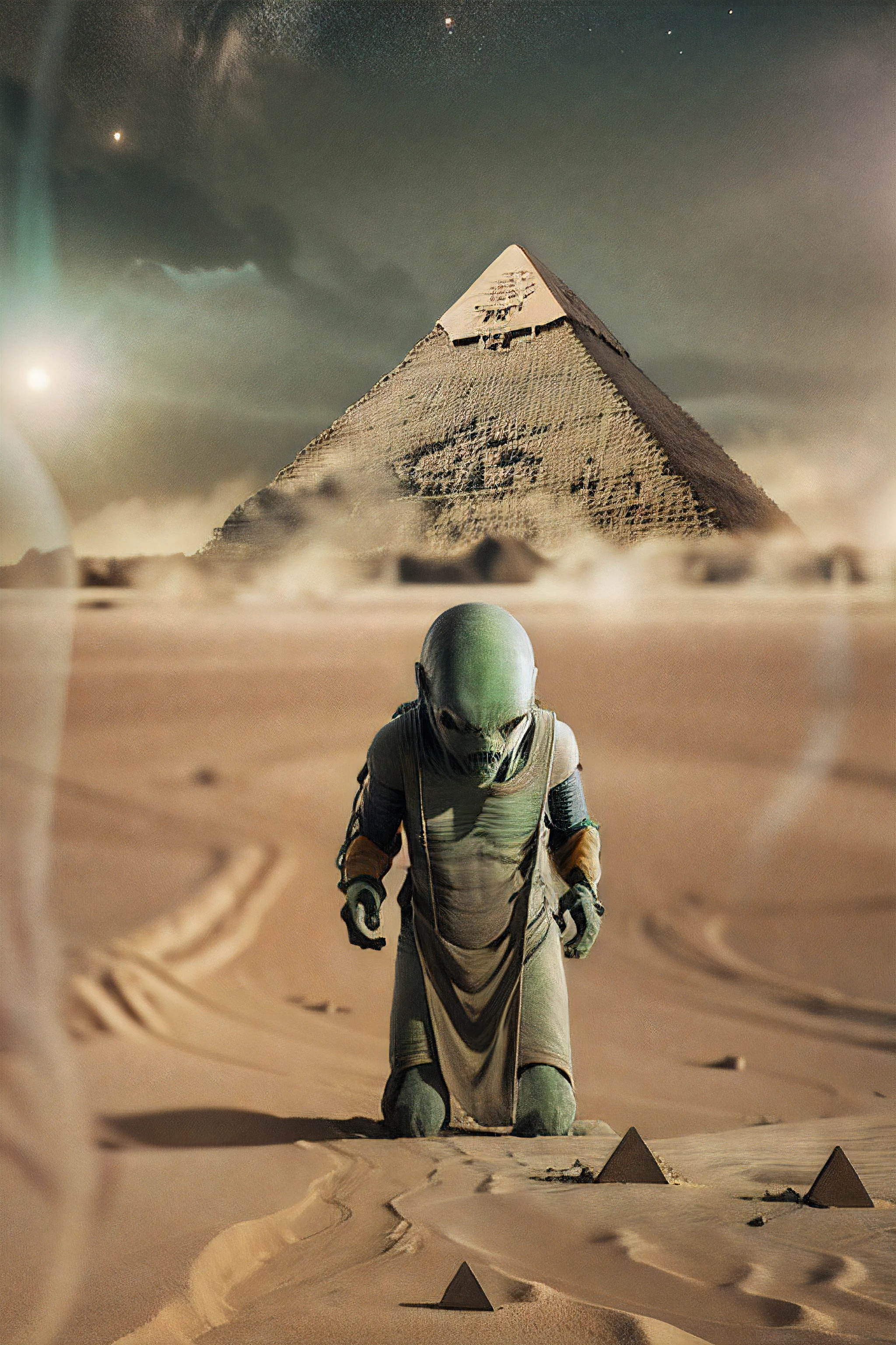 alien figure, space behind, scary, conspiracy, pyramids