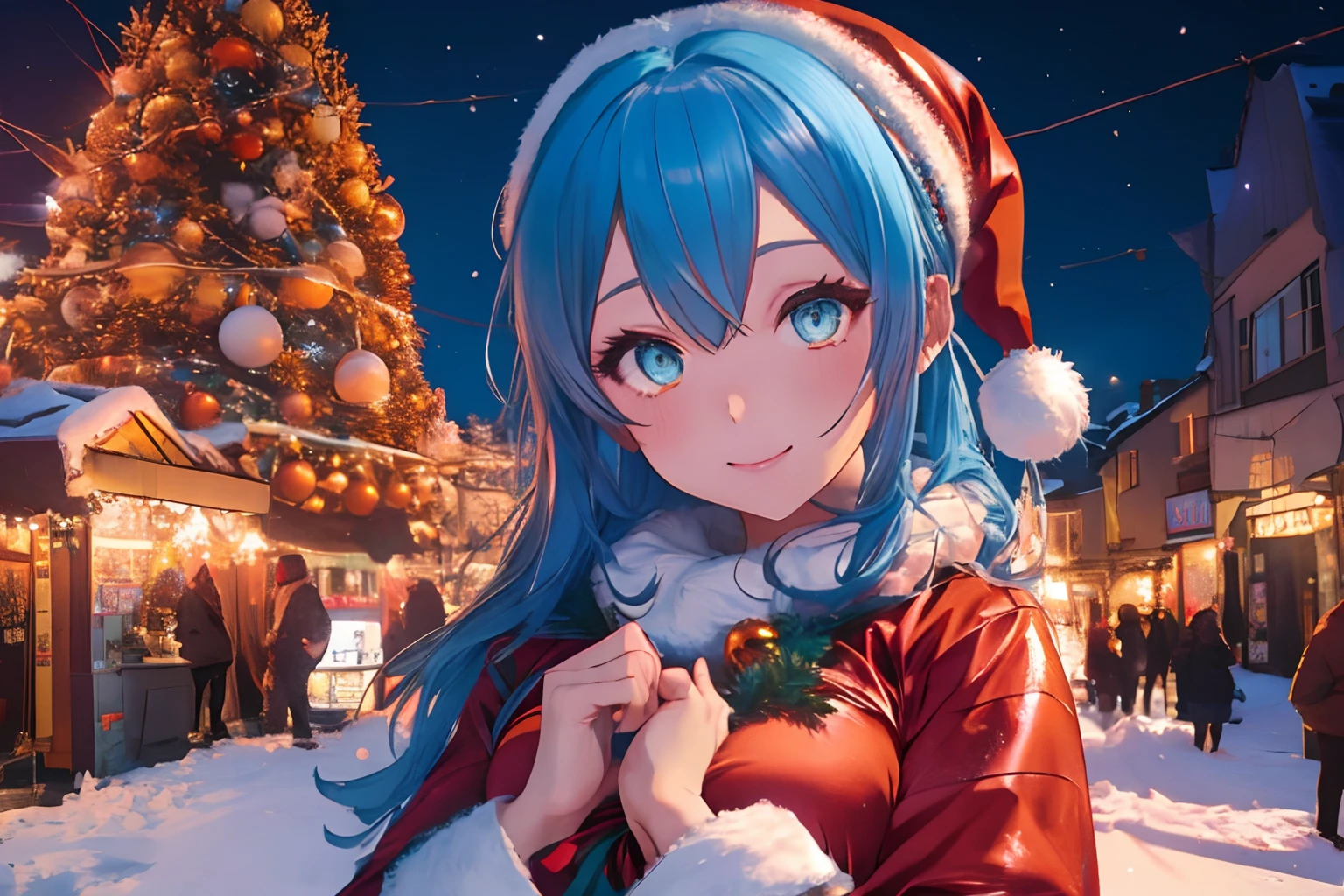 In a snowy city in winter,Voluminous and fluffy Santa costume,Christmas tree,Beautiful and fantastic night view,lightblue hair,Orange Eyes,There are many gifts and ornaments around,