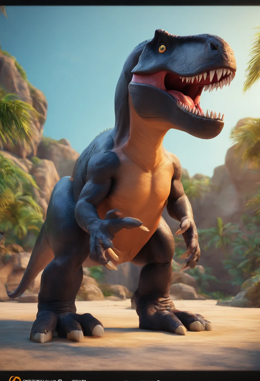 Create a bodybuilder tyrannosaurus wearing black swim trunks in the style of characters from the PIXAR studio.
