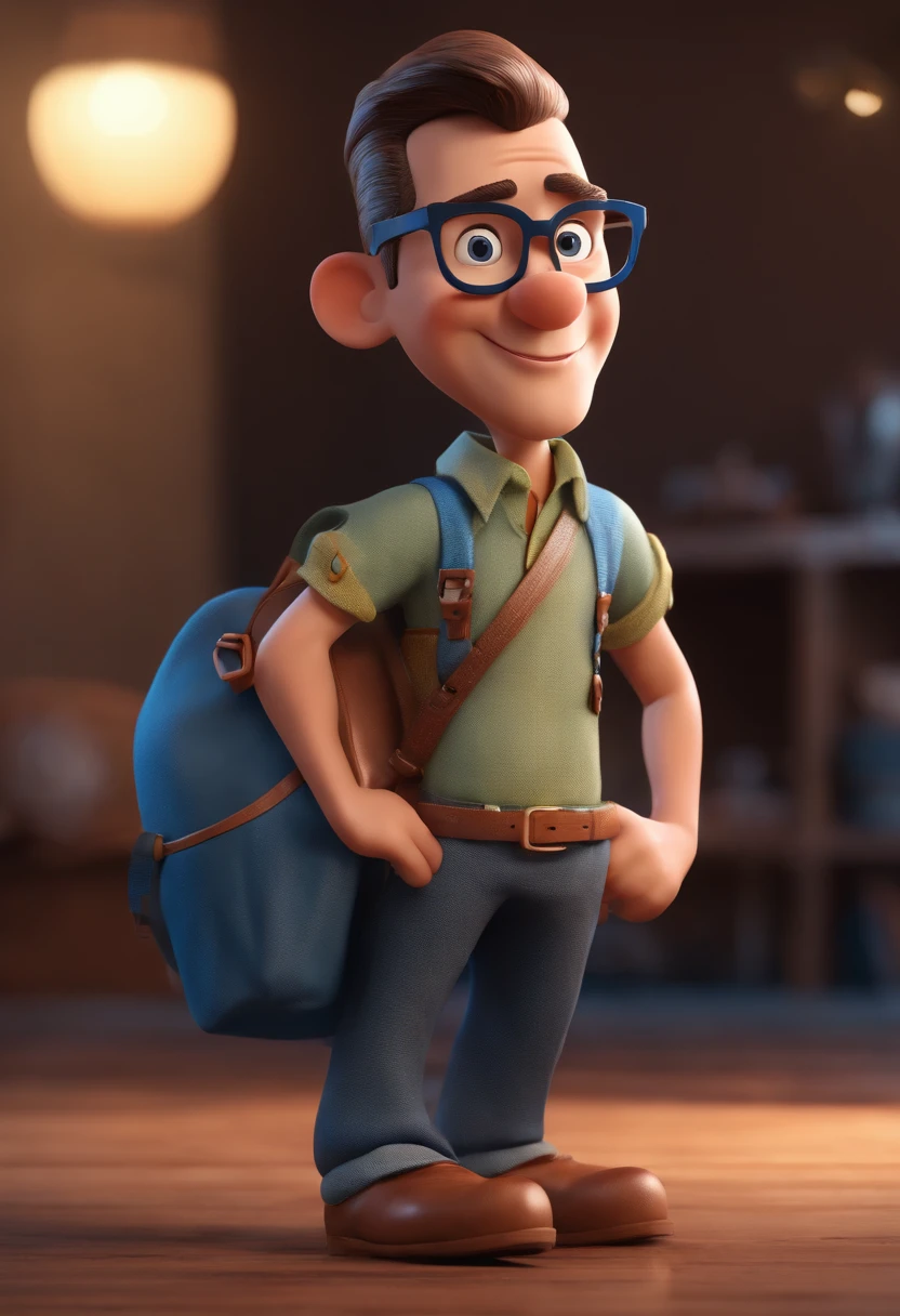 Cartoon character of a man with black glasses and a blue shirt, animation character, Caractere estilizado, animation style rendering, 3D estilizado, Arnold Maya render, 3 d render stylized, toon render keyshot, Personagem 3D, Personagem 3D, 3d rendering stylized, 3 d character render, personagem de desenho animado, Personagem de close up, Pose de personagem,  (Estilo Pixar) (master part:1.2) (Bokeh) (best quality) (pele detalhada) (textura detalhada) (8k) (argila) (Cinematic lighting) (foco nítido