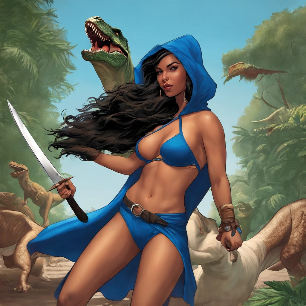 Lucas Bracey, Dinosaurios de color verde oliva con lobos en la espalda de color marron ,(((Beautiful girl in blue cape and hood is fighting t-rex dinosaurios with a futuristic machete in her hands))), 8k, Foto RAW, (Piel altamente detallada: 1.2), (Metamorfosis expuesta: 1.1), (Espalda desnuda: 1.5), , (Lo que ves de arriba a abajo:1.5), ((::Al estilo de Je Lee y Joe Madureira ::2.0 comix illustration style,Estilo Tatoon ,, (Hermoso fondo brillante:1.2),, Fantasy painting , ::Estilo Jason Fabok y Yoji Shinkawa ::2.0 comix illustration style,Estilo Tatoon , comic book style , (Hermoso fondo brillante:1.2),, Fantasy painting ,en estilo graffiti; Piezas maestras, Mejor calidad, Alta calidad, papel tapiz de la unidad CG 8k altamente detallado, Paisaje, An award-winning photograph, NFFSW, El es muy detallado, Tendencias en Artstationh, Tendencia de CGsociety, con un intrincado, Alto detalle, Arte por Midjourney Style::Estilo Kenneth Rocafort ::2.9 (Piezas maestras:1.2, Mejor calidad), (Ojos en hermosos detalles: 1.2),