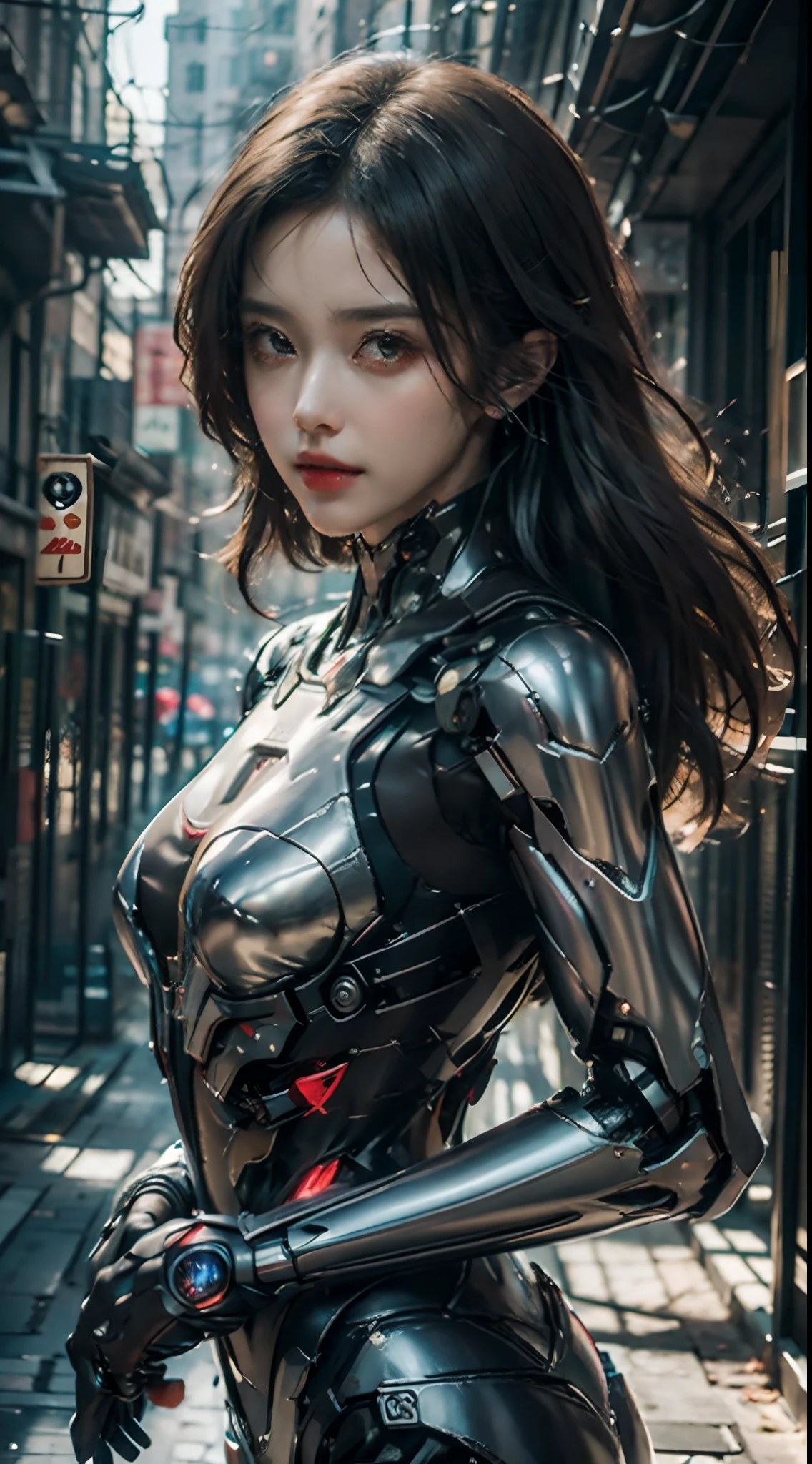 Top Quality, Masterpiece, Ultra High Resolution, (Photorealistic: 1.4), Raw Photo, 1 Girl, Black Hair, Glossy Skin, 1 Mechanical Girl, (Ultra Realistic Detail)), Portrait, Global Illumination, Shadows, Octane Rendering, 8K, Ultra Sharp, Big, Cleavage Exposed Raw Skin, Metal, Intricate Ornament Details, Headset, Hydraulic cylinder, very intricate details, realistic light, CGSoation trend, purple eyes, glowing eyes, facing the camera, neon details, mechanical limbs, blood vessels connected to the tube, mechanical vertebrae attached to the back, mechanical cervical attachment to the neck, sitting, wires and cables connecting to the head, evangelion, cyberpunk, small LED lamp, The background is Tokyo 100 years from now, futuristic skyscrapers, flying cars flying around, mechanical airships