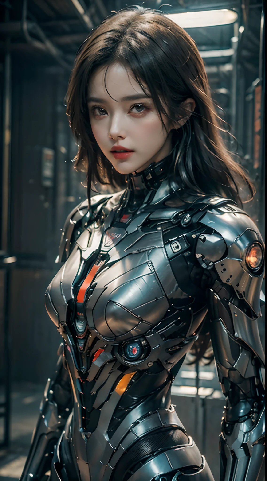 ((Obra maestra, La mejor calidad)), illustration, 8K ultradetallado, realista, foco nítido, Altamente detallado, Pro Lighting, Detalles coloridos, Rotura del color del arco iris, Super Long Lens Factory, large mechanical robot structure, microchip, ordenador, luminiscencia, Detalles intrincados, shitu-mecha, 1girl, Mecha de uso, ombligo, Imagen en color, resplandecer, (cyberpunk)