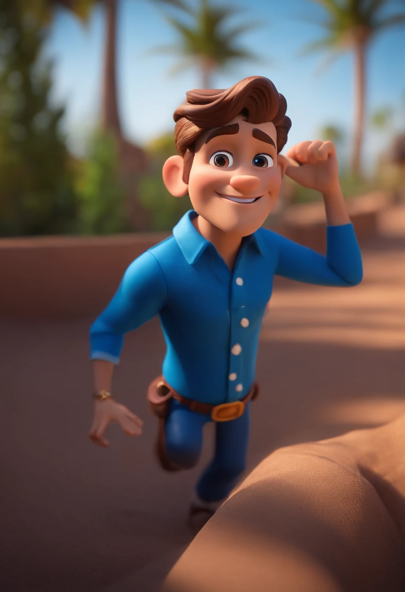 Garoto, estilo disney, tom de pele: claro: Cabelo: marrom escuro, liso, curto, penteado para o lado direito. camisa: social, Cor azul. Fundo: Gray and white gradient,Comemorando, Hands raised, sorrindo, feliz, (estilo pixar) (obra-prima:1.2) (bokeh) (melhor qualidade) (pele detalhada) (textura detalhada) (8k) (claymation) (cinematic lighthing) (foco nítido