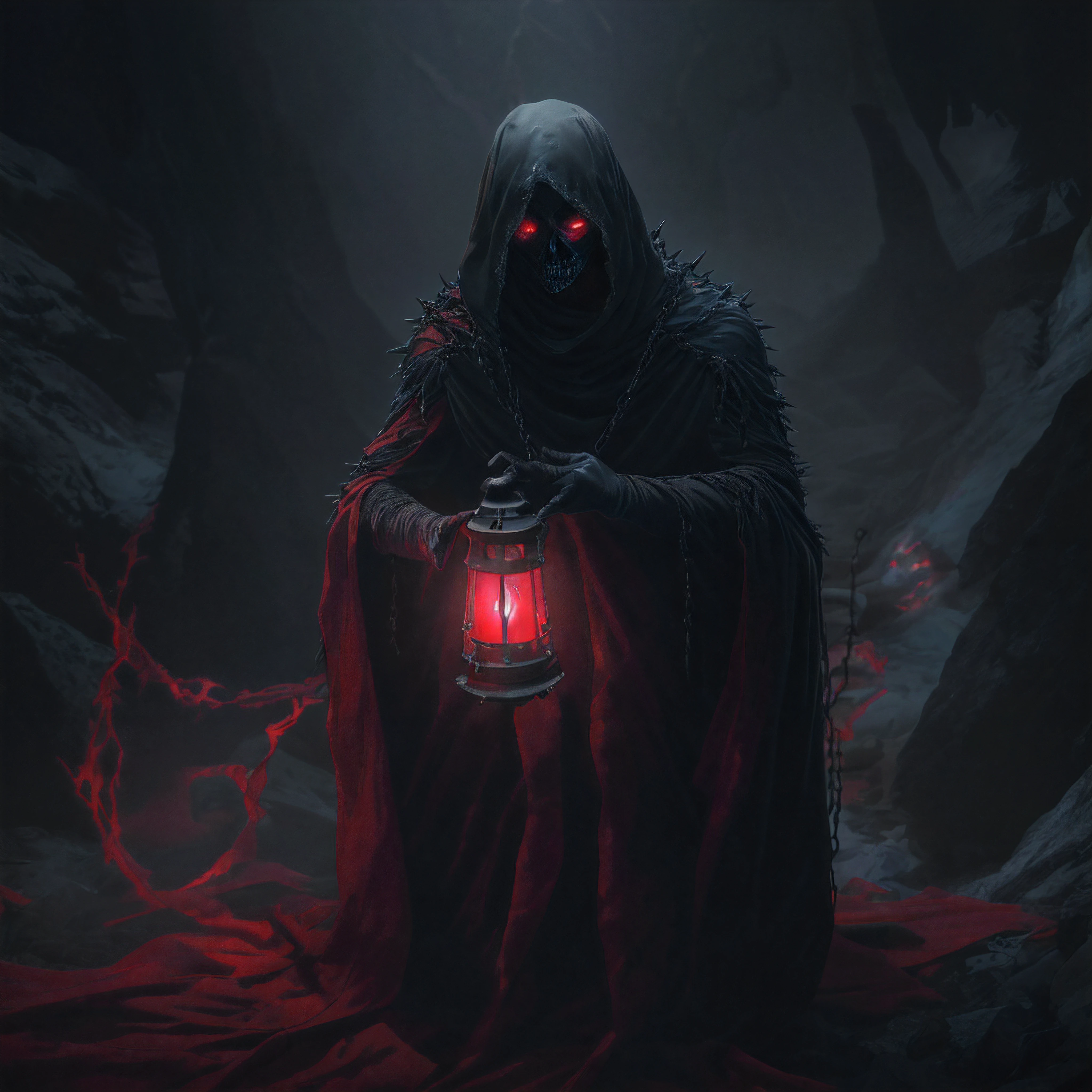 (((8k, very high resolution, masterpiece))), generate a high-resolution image of a wraith, a malevolent spirit that wanders through the mortal realm in search of souls to claim. The wraith should be depicted as a shrouded figure, its face obscured by a red rag, and its body wreathed in an ethereal, ghostly mist. The wraith should be holding a lantern that emits a spectral light, which it uses to guide the souls it deems unworthy to rest to their ultimate fate. The lantern is attached to one of his shrouded hand with a spiked chain, and should dangle under his stretched arm when pointing at the viewer. 

The setting should be dark and eerie, depicting the wraith as a harbinger of death and despair. The background is an icy, dark cave, the light weak, mostly coming from the lantern of the spectre. The colors should be muted and ominous, with a focus on shades of red and blue. Use Stable Diffusion to ensure the generated image is visually consistent and coherent, with a high level of detail and realism.