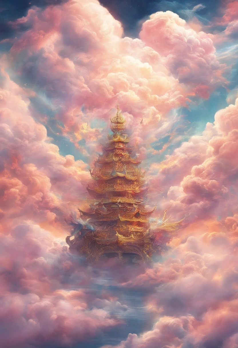 A painting of a pagoda in the clouds with a sky background - SeaArt AI