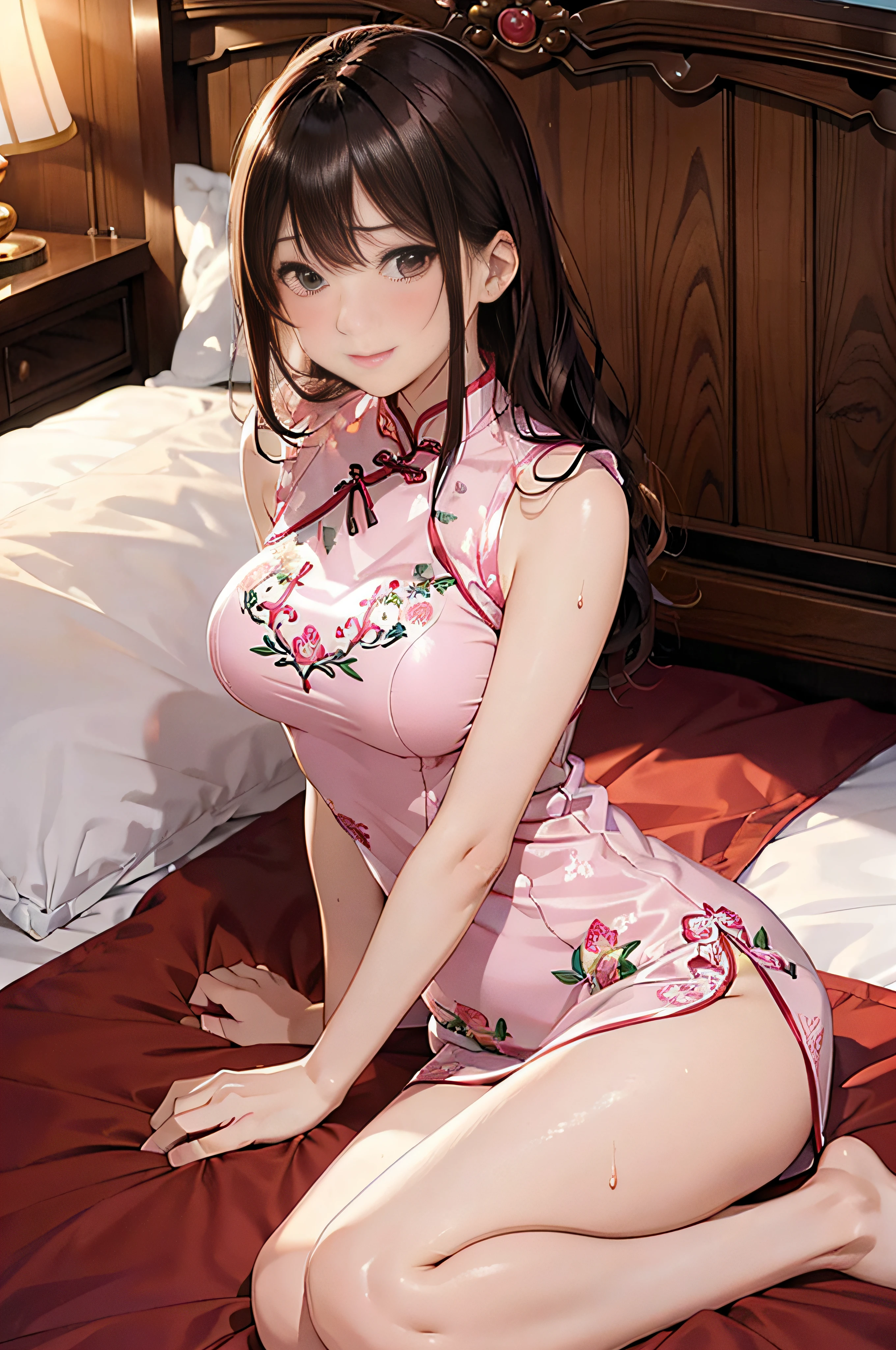 masutepiece,Best Quality,High resolution,Fine details,Solo,Adult Woman,blush,Curve,Large breasts,Sweat,Oily skin,(Brightly colored embroidered cheongsam),(On a luxury hotel bed)、Dark brown longhair、lyin in bed、Shy laughter、Provocation Pose