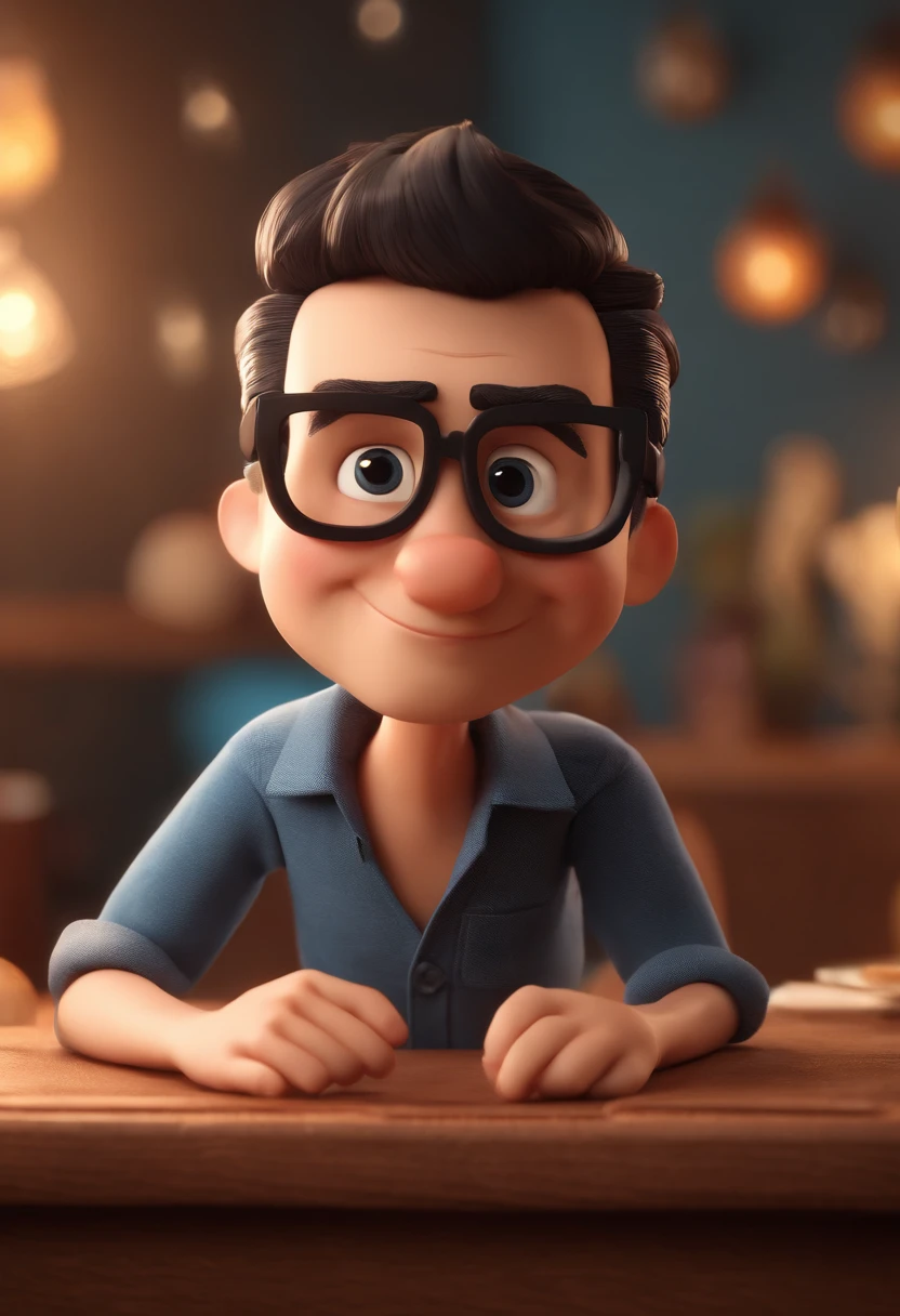 Cartoon character of a man wearing black glasses and a blue shirt, um personagem animado, Caractere estilizado, animation style rendering, 3D estilizado, Arnold Maya render, 3 d render stylized, toon render keyshot, Personagem 3D, Personagem 3D, 3d rendering stylized, 3 d character render, personagem de desenho animado, Personagem de close up, Pose de personagem, (Estilo Pixar) (master part:1.2) (Bokeh) (best quality) (pele detalhada) (textura detalhada) (8k) (argila) (Cinematic lighting) (foco nítido，Senta e vaza a parte superior do corpo
