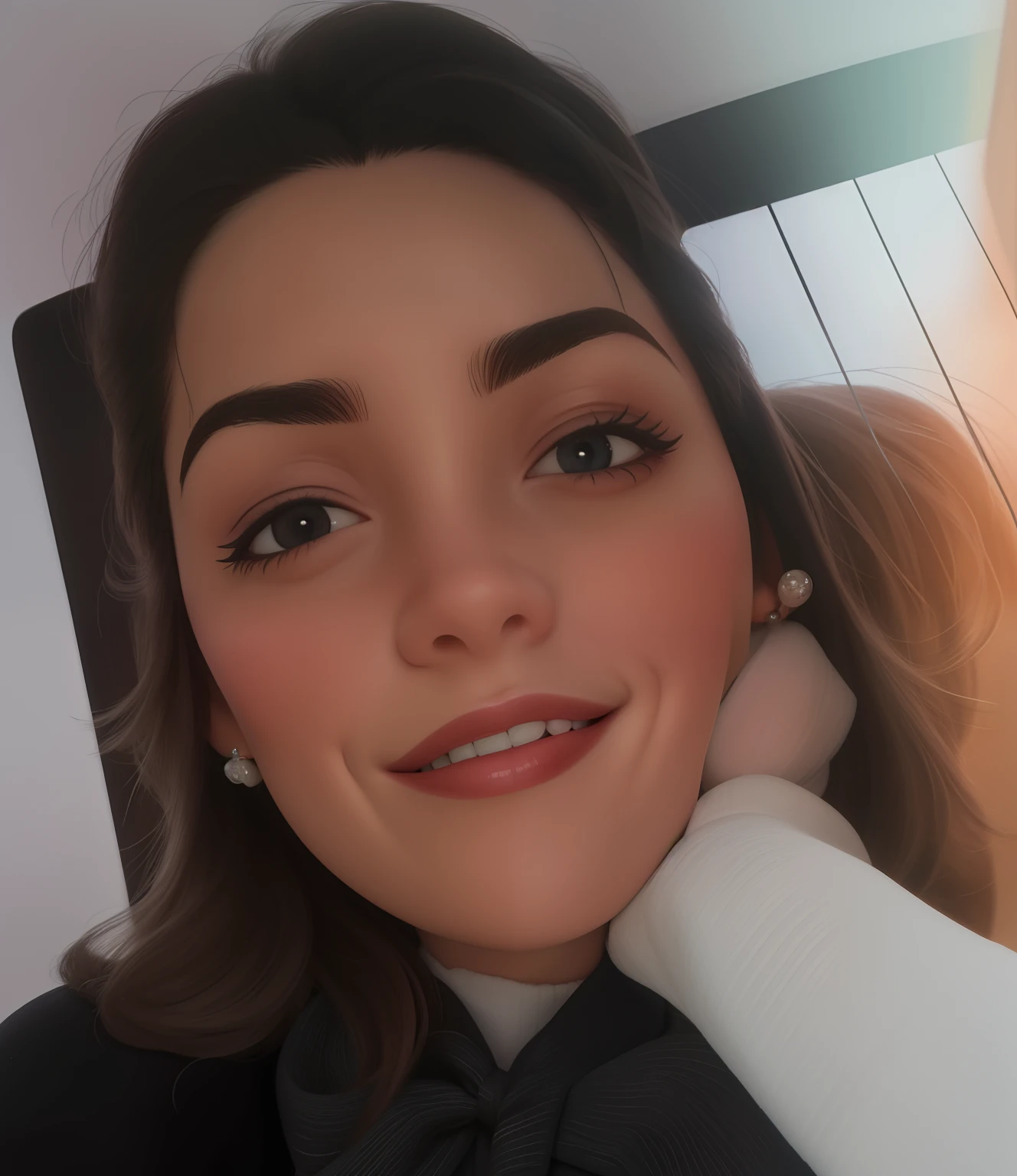 Uma mulher de 30 anos, com cabelos castanhos curtos, Rosto redondo, rosto redondo com sorriso encantador, e olhos castanhos, linda
