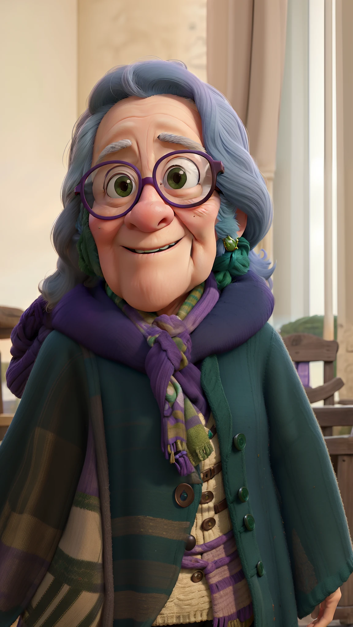 masterpiece, best quality, an old woman with glasses and a scarf on, wearing a purple coat and green scarf, standing at the park