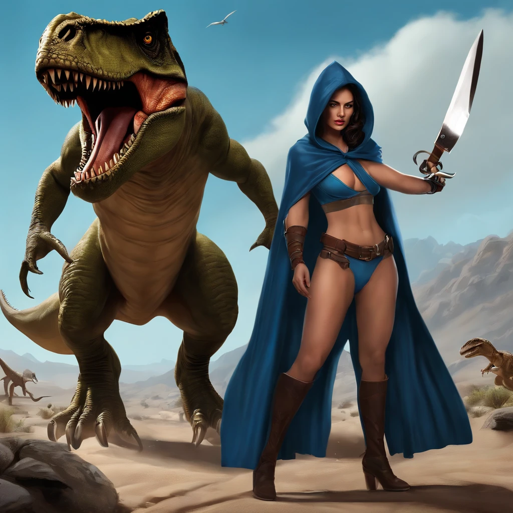 Lucas Bracey, Dinosaurios de color verde oliva con lobos en la espalda de color marron ,(((Beautiful girl in blue cape and hood is fighting t-rex dinosaurios with a futuristic machete in her hands))), 8k, Foto RAW, (Piel altamente detallada: 1.2), (Metamorfosis expuesta: 1.1), (Espalda desnuda: 1.5), , (Lo que ves de arriba a abajo:1.5), ((::Al estilo de Je Lee y Joe Madureira ::2.0 comix illustration style,Estilo Tatoon ,, (Hermoso fondo brillante:1.2),, Fantasy painting , ::Estilo Jason Fabok y Yoji Shinkawa ::2.0 comix illustration style,Estilo Tatoon , comic book style , (Hermoso fondo brillante:1.2),, Fantasy painting ,en estilo graffiti; Piezas maestras, Mejor calidad, Alta calidad, papel tapiz de la unidad CG 8k altamente detallado, Paisaje, An award-winning photograph, NFFSW, El es muy detallado, Tendencias en Artstationh, Tendencia de CGsociety, con un intrincado, Alto detalle, Arte por Midjourney Style::Estilo Kenneth Rocafort ::2.9 (Piezas maestras:1.2, Mejor calidad), (Ojos en hermosos detalles: 1.2),
