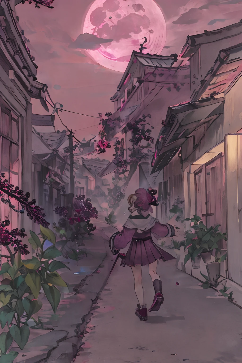 ((magenta:1.2)), masterpiece, full moon, alley