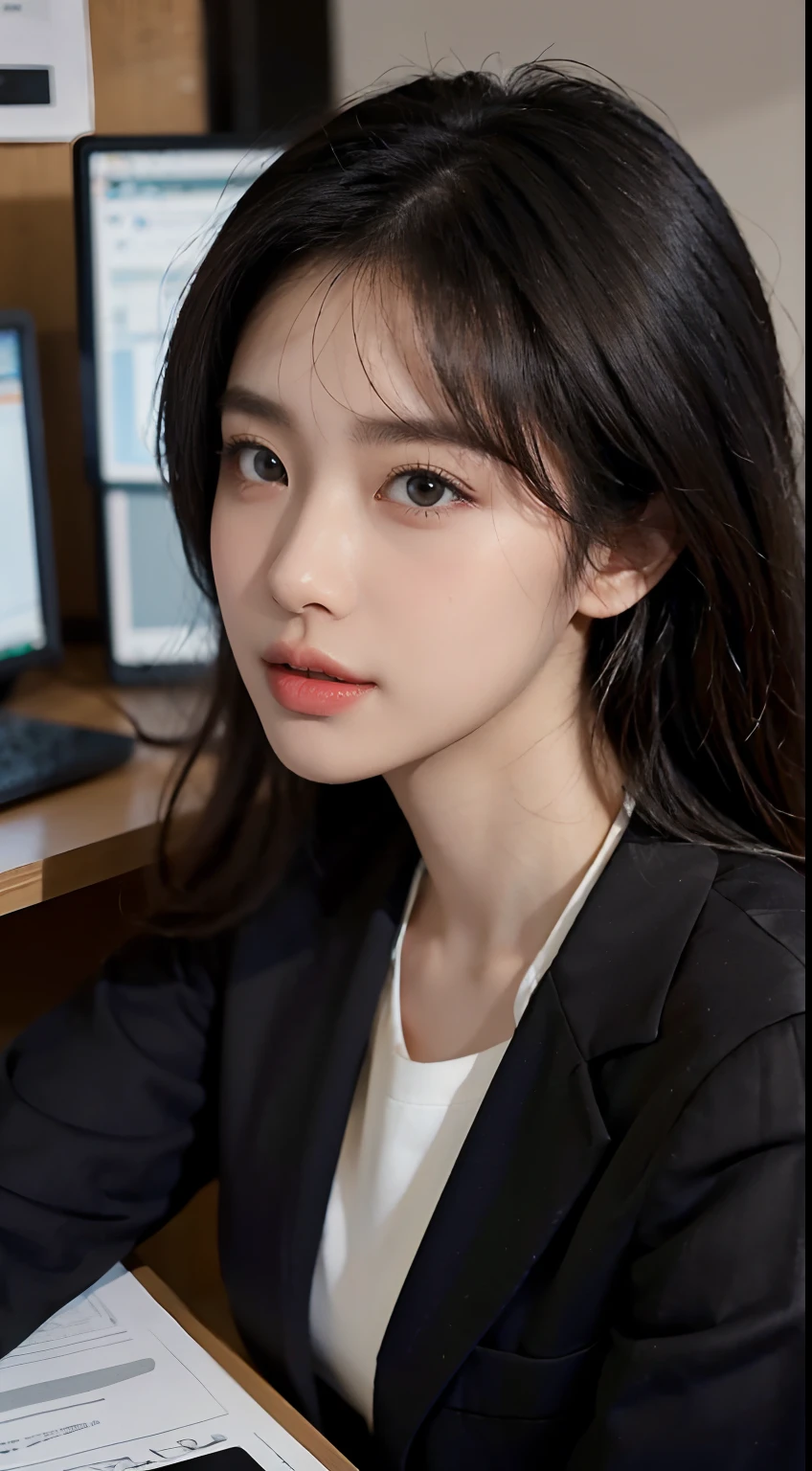 high resolucion, Realistic portrait of a professional Korean office lady with perfect skin, Professional Suit, Show confidence and maturity, Surrounded by a modern corporate environment......., Vivid highlights, natural lighting. The work should emphasize her graceful facial features, Attractive long eyes included, Fluttering eyelashes and seductive lips. The scene should be enhanced with elements of professionalism and visual appeal，For example, Stylish work desk, Mainframe computers, High-resolution display, and complex stationery. The overall tone should be warm and professional, It has a soft and natural color palette.. The work should exude professionalism, success, Cultural pride.