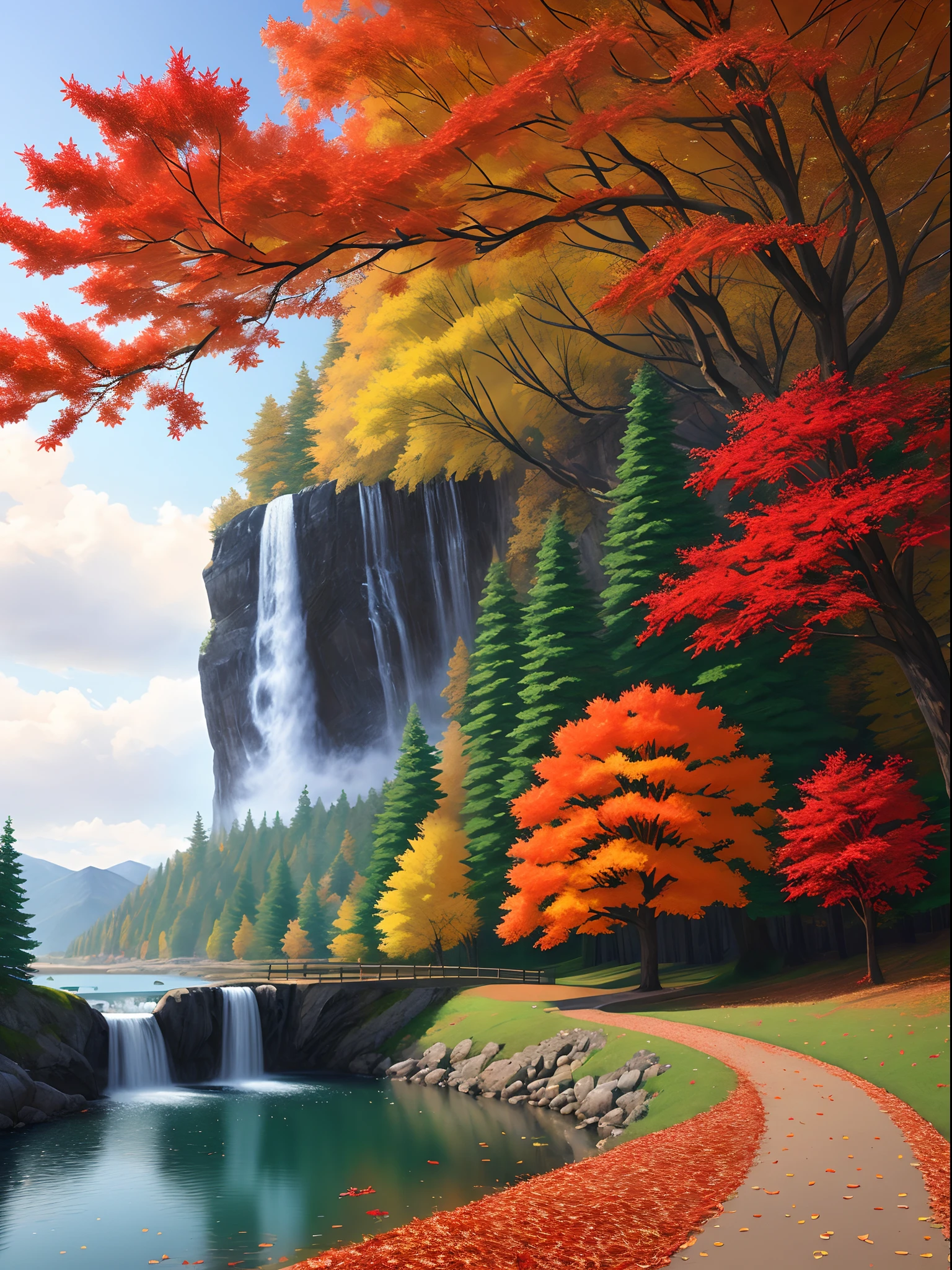 landscape,The red maple leaves fall to the ground(Extremely detailed Cg Unity 8K wallpaper), most beautiful artwork in the world,Professional majestic oil painting,Intricate, High detail, Sharp focus, Dramatic, Photorealistic painting art