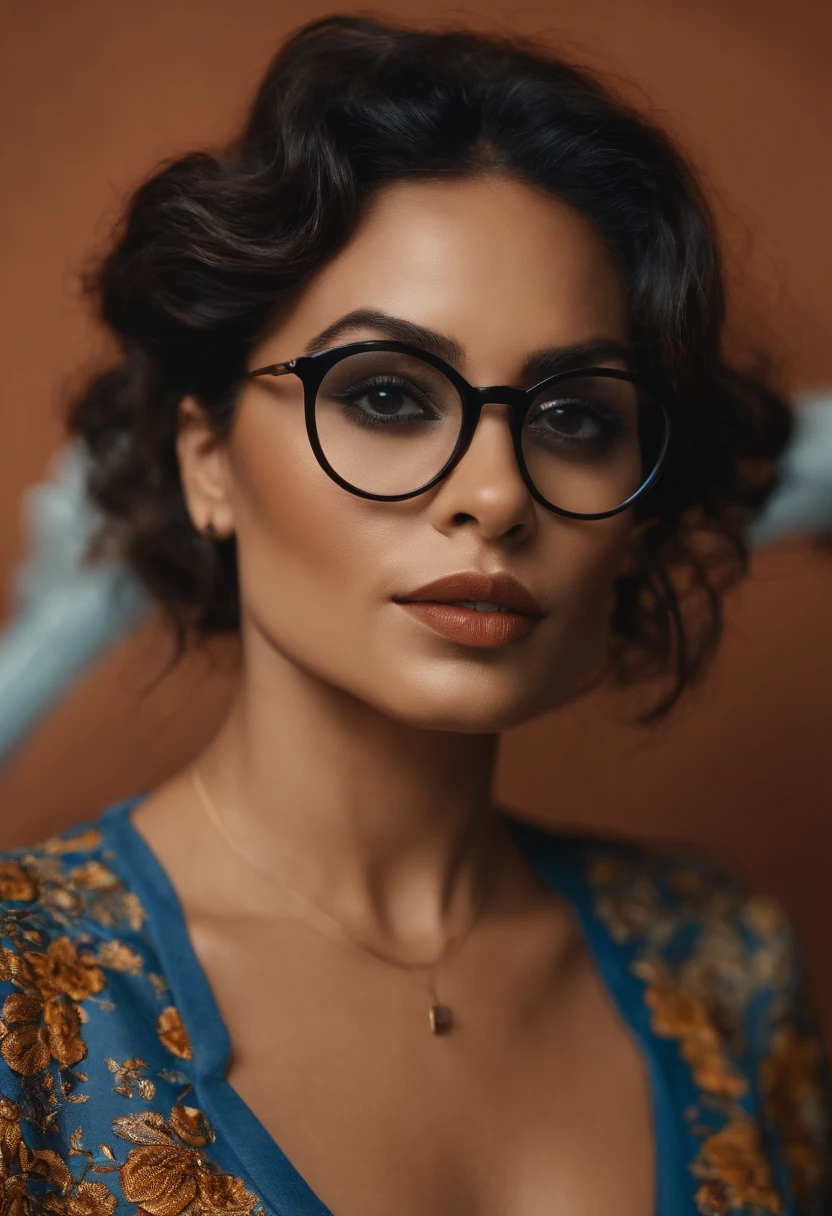 Uma mulher de aproximadamente 30 anos, pele morena, bespectacled, cabelos castanhos, em sua papelaria fazendo suas vendas