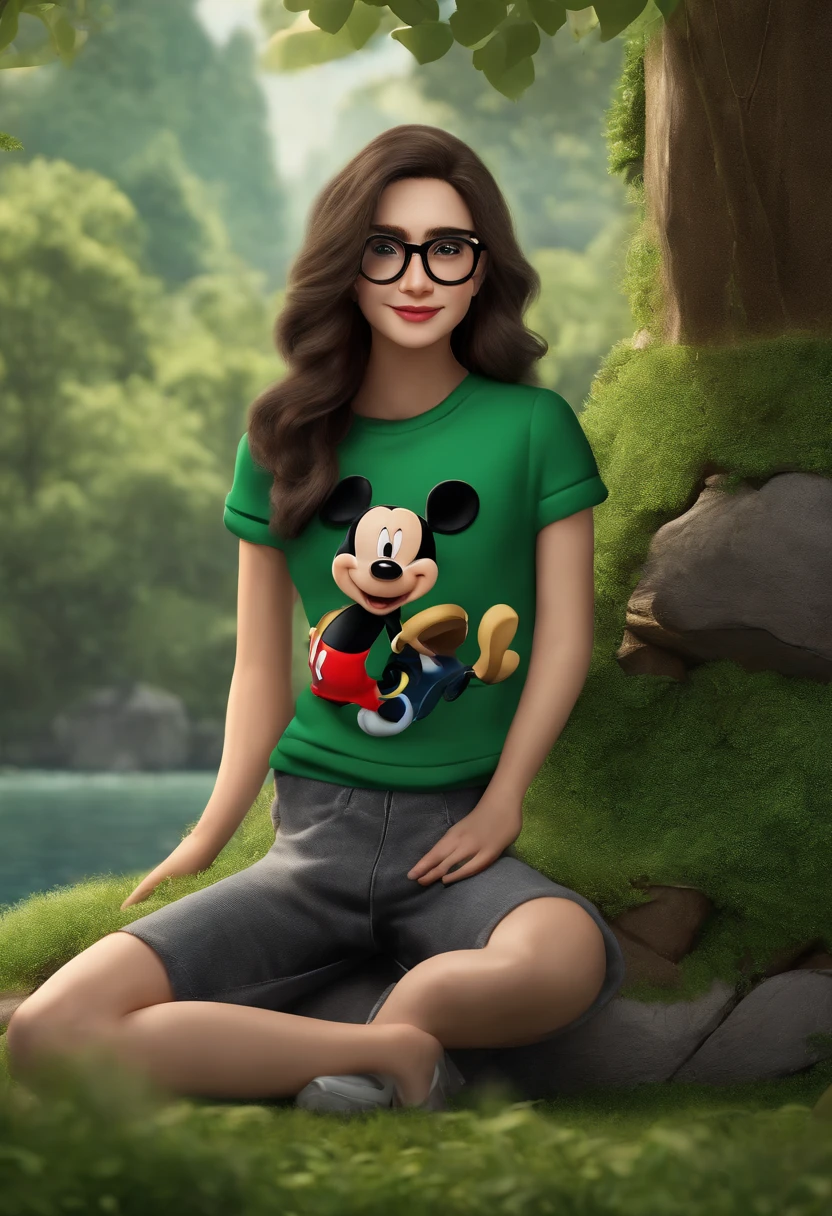 3D poster inspired by PIXAR capturing a scene in a green area with a lake, A fair-skinned -yeld fubody girl smiling with long hair below her waist with slight curl of black color with glasses, com a perna direita engessada e com faixa, With dark gray Mickey T-shirt with black loose denim shorts with black laceless sneakers high quality, melhor qualdiade.
