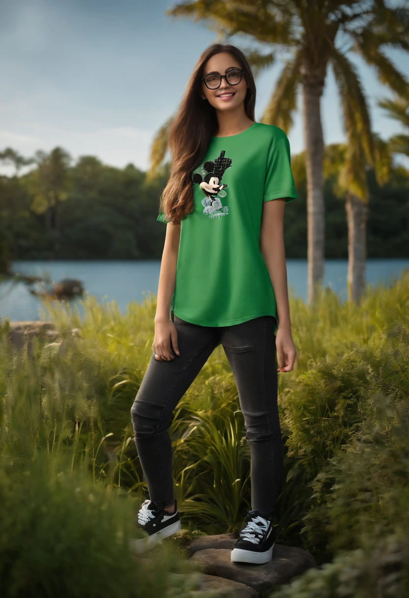 3D poster inspired by PIXAR capturing a scene in a green area with a lake, A fair-skinned -yeld fubody girl smiling with long hair below her waist with slight curl of black color with glasses, com a perna direita engessada e com faixa, With dark gray Mickey T-shirt with black loose denim shorts with black laceless sneakers high quality, melhor qualdiade.