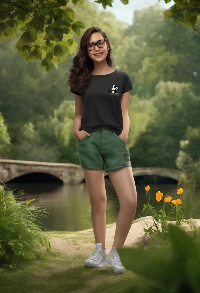 3D poster inspired by PIXAR capturing a scene in a green area with a lake, A fair-skinned 14-year-old full body girl smiling with long hair below her waist with slight curl of black color with glasses, com a perna direita engessada e com faixa, With dark gray Mickey T-shirt with black loose denim shorts with black laceless sneakers high quality, melhor qualdiade.