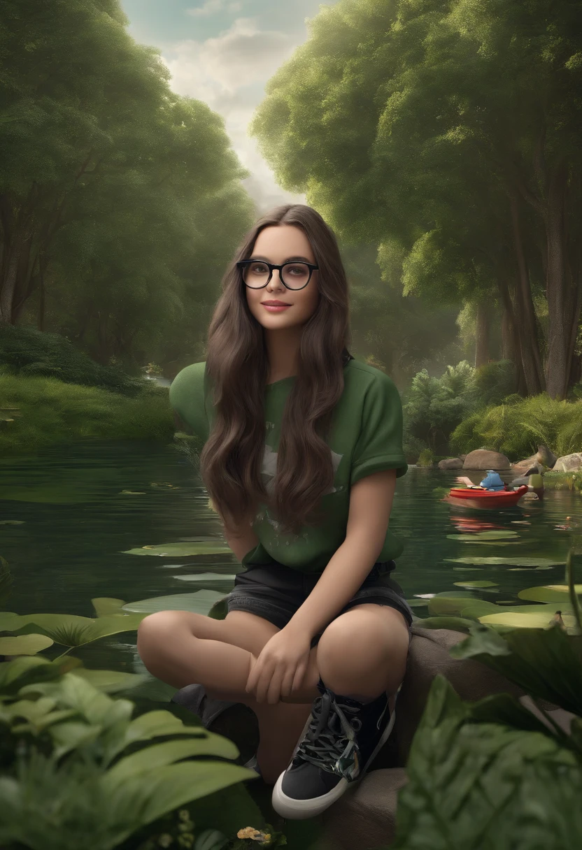 3D poster inspired by PIXAR capturing a scene in a green area with a lake, A fair-skinned -yeld fubody girl smiling with long hair below her waist with slight curl of black color with glasses, com a perna direita engessada e com faixa, With dark gray Mickey T-shirt with black loose denim shorts with black laceless sneakers high quality, melhor qualdiade.