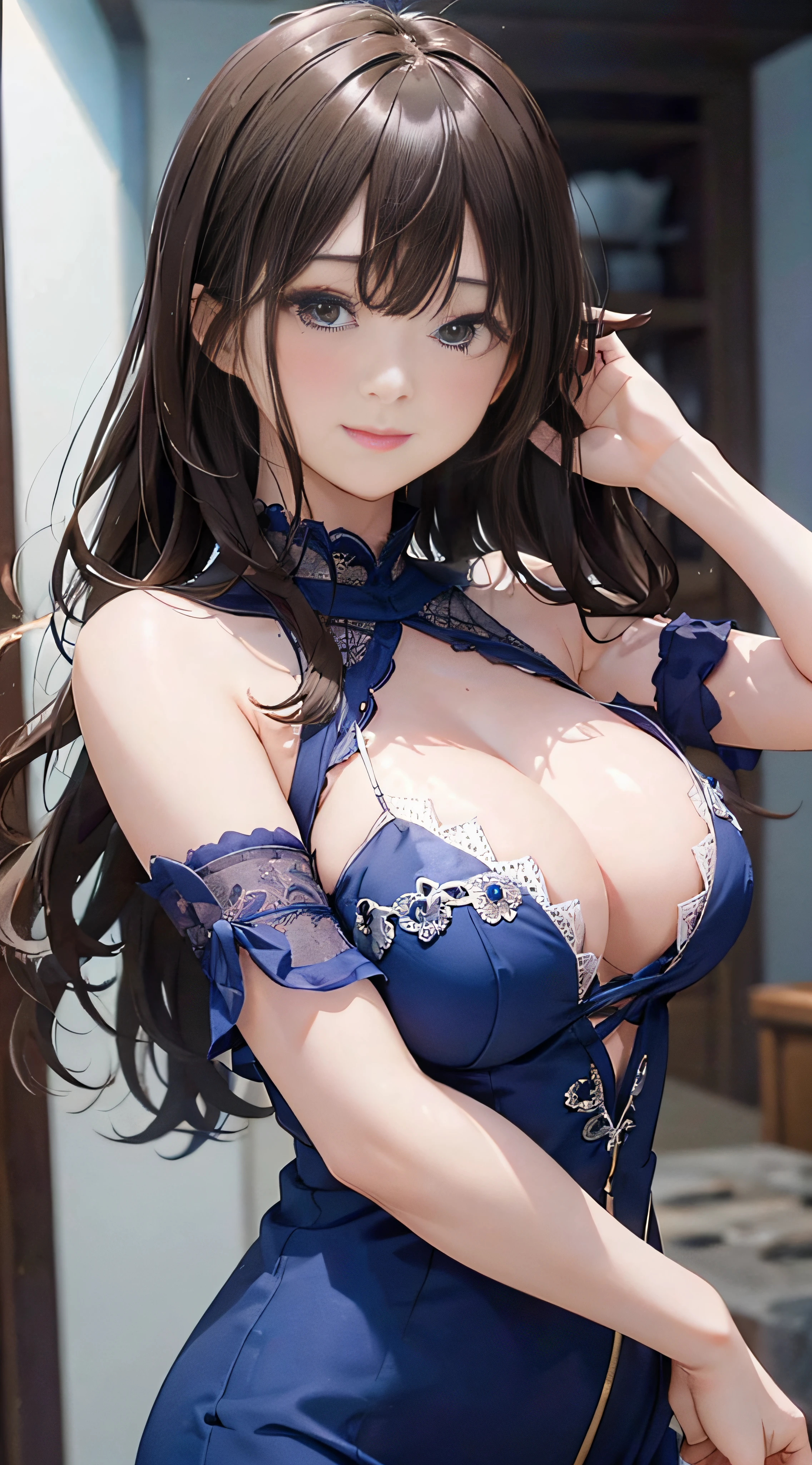 {8K Photo Quality:1.2}、{Ultra-high resolution photo quality:1.2}、{Super Real 1.2}、{Perfect limbs}、masutepiece、1womanl、Solo、Blue and white lace queen、Being in the pit of the race、Shyness、Dynamic sexy poses、Smile and wave、Long Wave Hair、dark brown hair、Medium Large Boobs