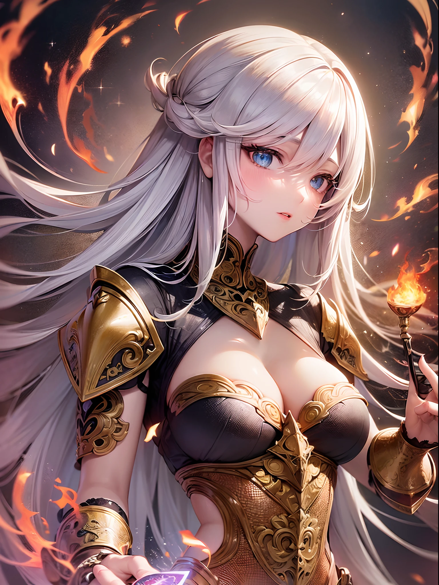 Finest quality)),(超A high resolution),(ultra-detailliert),(Meticulous portrayal),((Best Anime)),(Finest works of art),sharpnes,Clair,Ultra-Precision Art,The art of astounding depiction,Beautiful fantasy art with intricate and detailed details, (Flowing light:1.6),, (1 adult female:1.5),((Magic Knight:1.5)),(Magic armor with intricate and detailed beautiful reliefs:1.3),(Flames converging at the fingertips:1.3)
