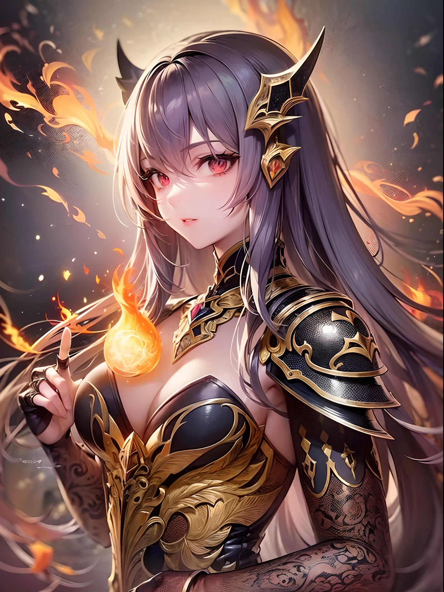 Finest quality)),(超A high resolution),(ultra-detailliert),(Meticulous portrayal),((Best Anime)),(Finest works of art),sharpnes,Clair,Ultra-Precision Art,The art of astounding depiction,Beautiful fantasy art with intricate and detailed details, (Flowing light:1.6),, (1 adult female:1.5),((Magic Knight:1.5)),(Magic armor with intricate and detailed beautiful reliefs:1.3),(Flames converging at the fingertips:1.3)