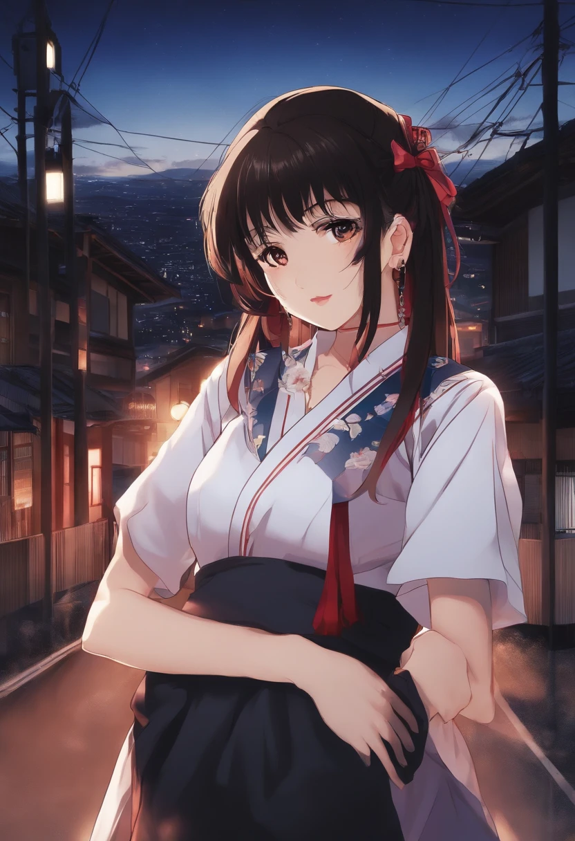 Suzuka de Atarashii Gakko sendo uma sukeban de rosto com hematonas e fundo do bairro de shibuyia a noite