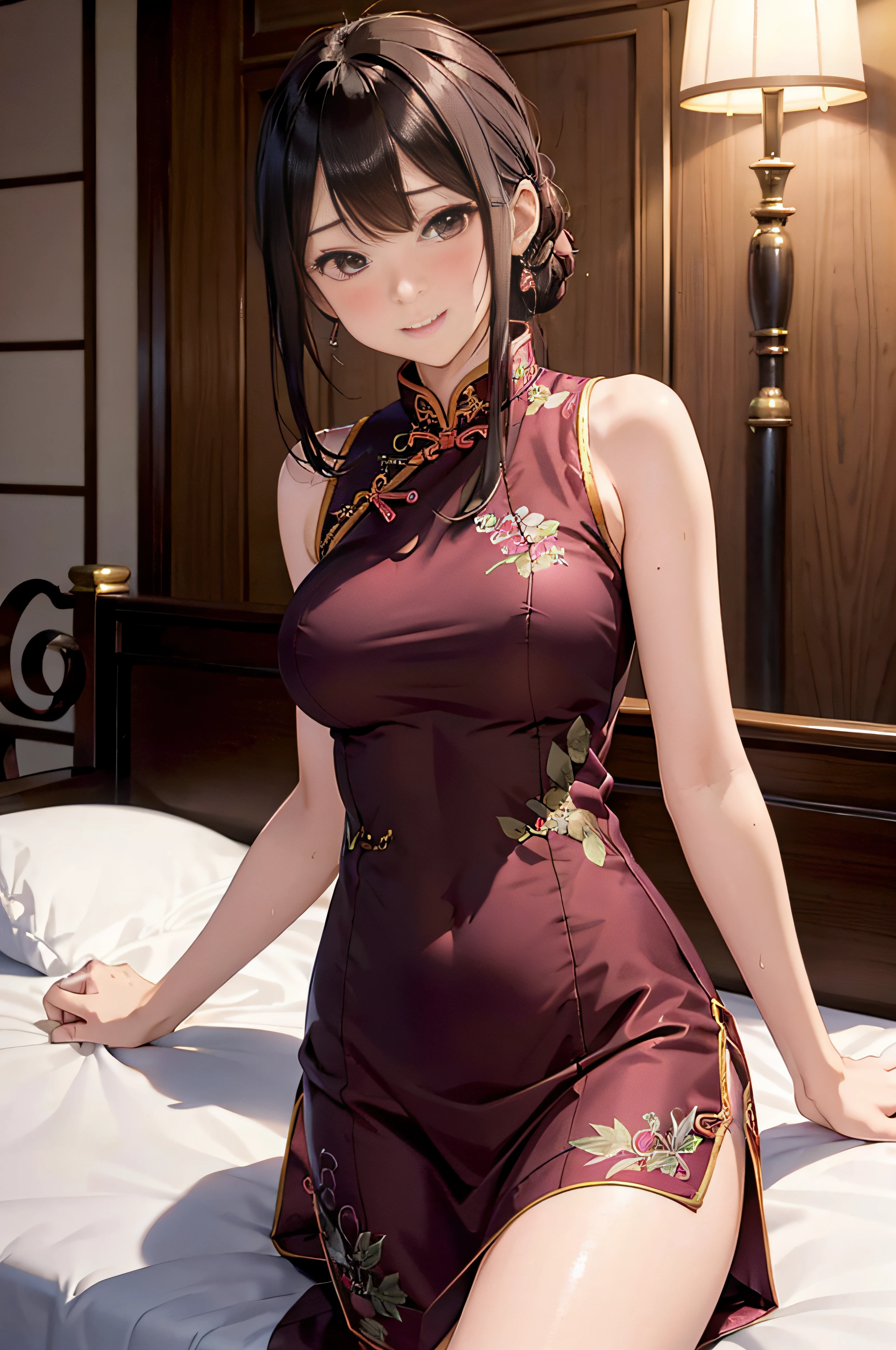 masutepiece,Best Quality,High resolution,Fine details,Solo,Adult Woman,blush,Curve,Large breasts,Sweat,Oily skin,(Brightly colored embroidered cheongsam),(On a luxury hotel bed)、Dark brown longhair、Shy laughter、Stretch the hem of the buttocks with a slouch