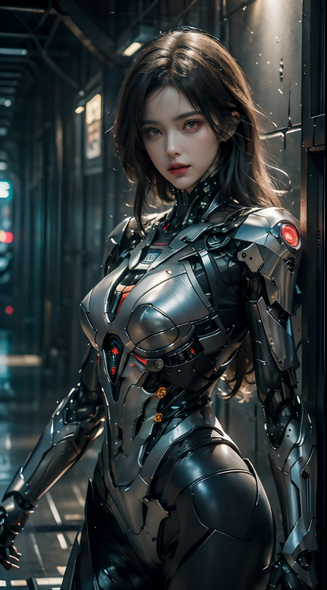((Obra maestra, La mejor calidad)), illustration, 8K ultradetallado, realista, foco nítido, Altamente detallado, Pro Lighting, Detalles coloridos, Rotura del color del arco iris, Super Long Lens Factory, large mechanical robot structure, microchip, ordenador, luminiscencia, Detalles intrincados, shitu-mecha, 1girl, Mecha de uso, ombligo, Imagen en color, resplandecer, (cyberpunk)