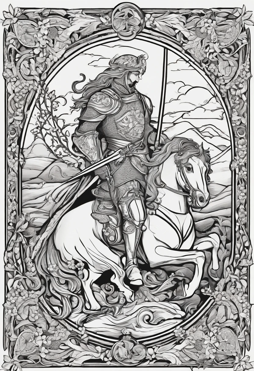 Imagine a black-and-white image of a medieval knight thrusting his spear into the dragon's chest, based on images of St. George, imagem em linhas, estilo livro para colorir, perfect hands, perfect feets. Cavalo perfeito