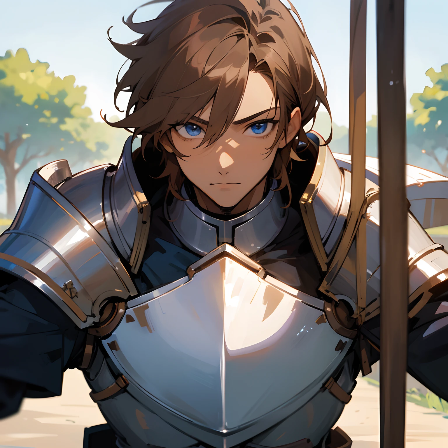 masterpiece, best quality, (anime man), mature, light tan skin, brown hair, blue eyes, he is a knight, silver armor, kind, in love