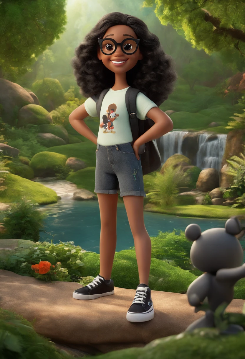 3D poster inspired by PIXAR capturing a scene in a green area with a lake, A fair-skinned -yeld fubody girl smiling with long hair below her waist with slight curl of black color with glasses, Right Leg Bandaged Dark Grey Mickey Mouse T-Shirt with Black Loose Denim Shorts with Black Sneakers No Laces High Quality, melhor qualidade.