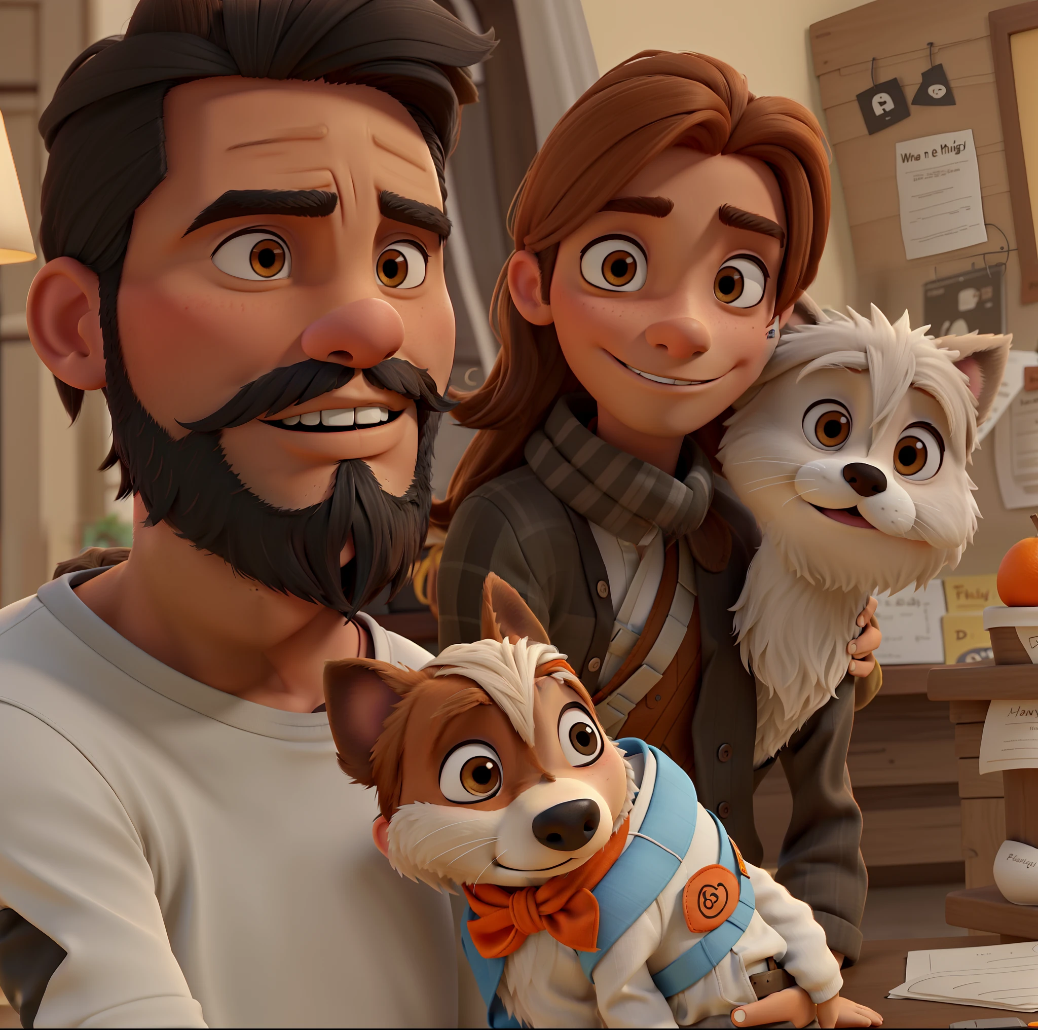 There is a man with light brunette black hair with a beard and holding a brown and white dog with a bandana a woman with orange hair, Pixar Style: 3D Poster,Disney