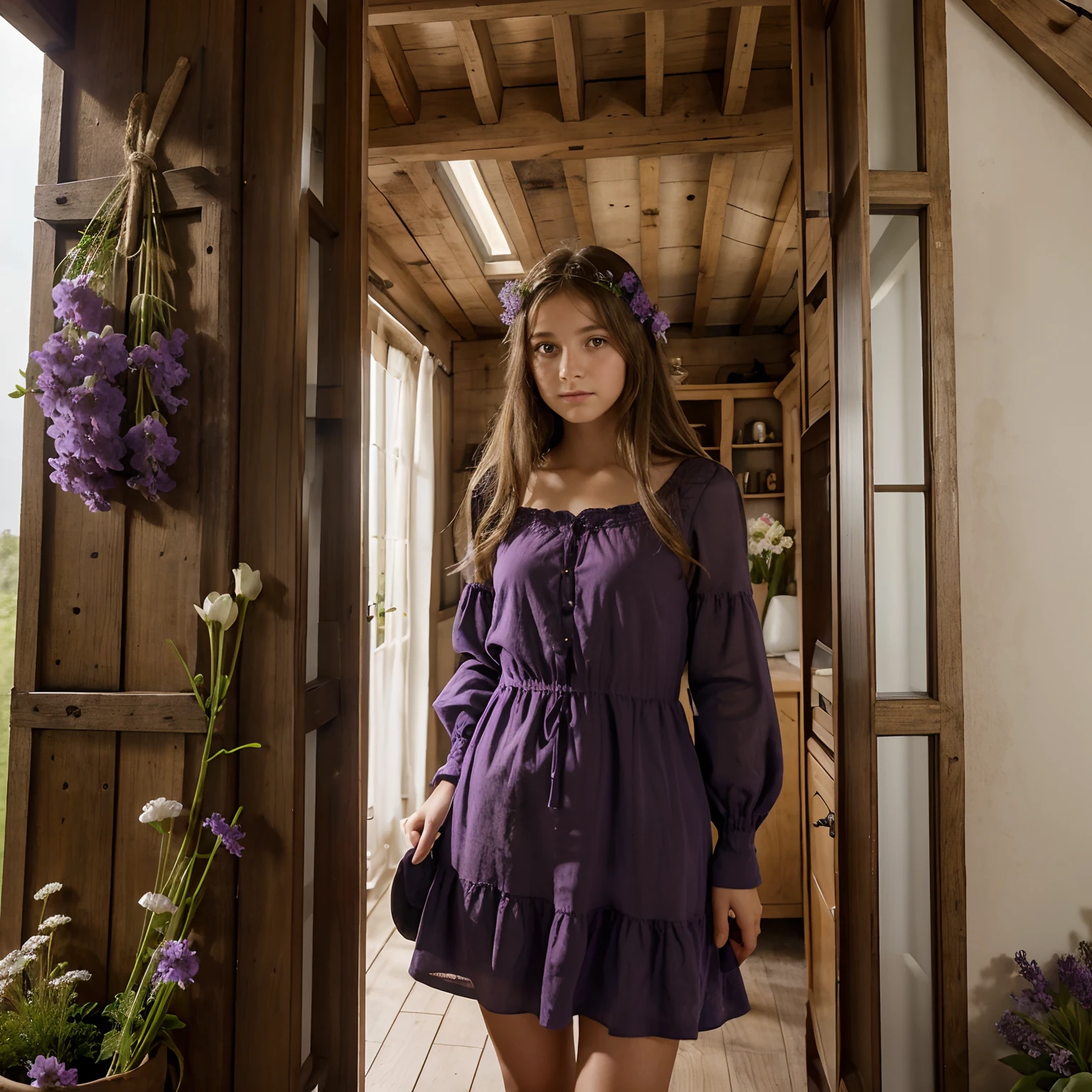 Jeune aux longs cheveux bruns et aux yeux verts pétillants. Elle porte une robe à fleurs violette avec des bottines marron devant un mirroir acrocher au mur d'un cabane